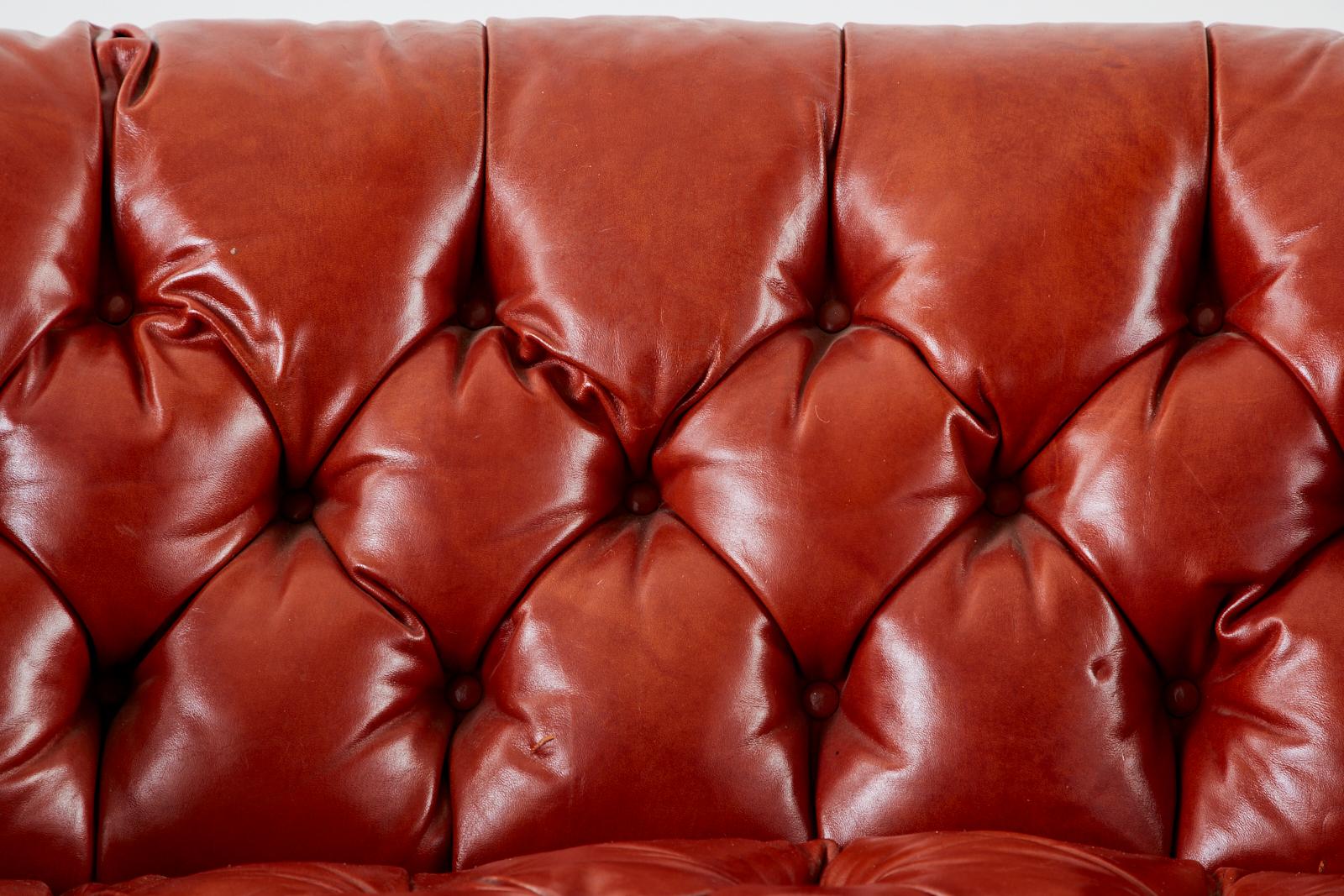 Midcentury English Chesterfield Style Curved Leather Settee 4