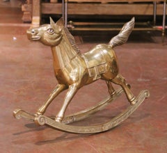 Mid-Century English Child Patinated Brass Rocking Carousel Horse on Curved Base