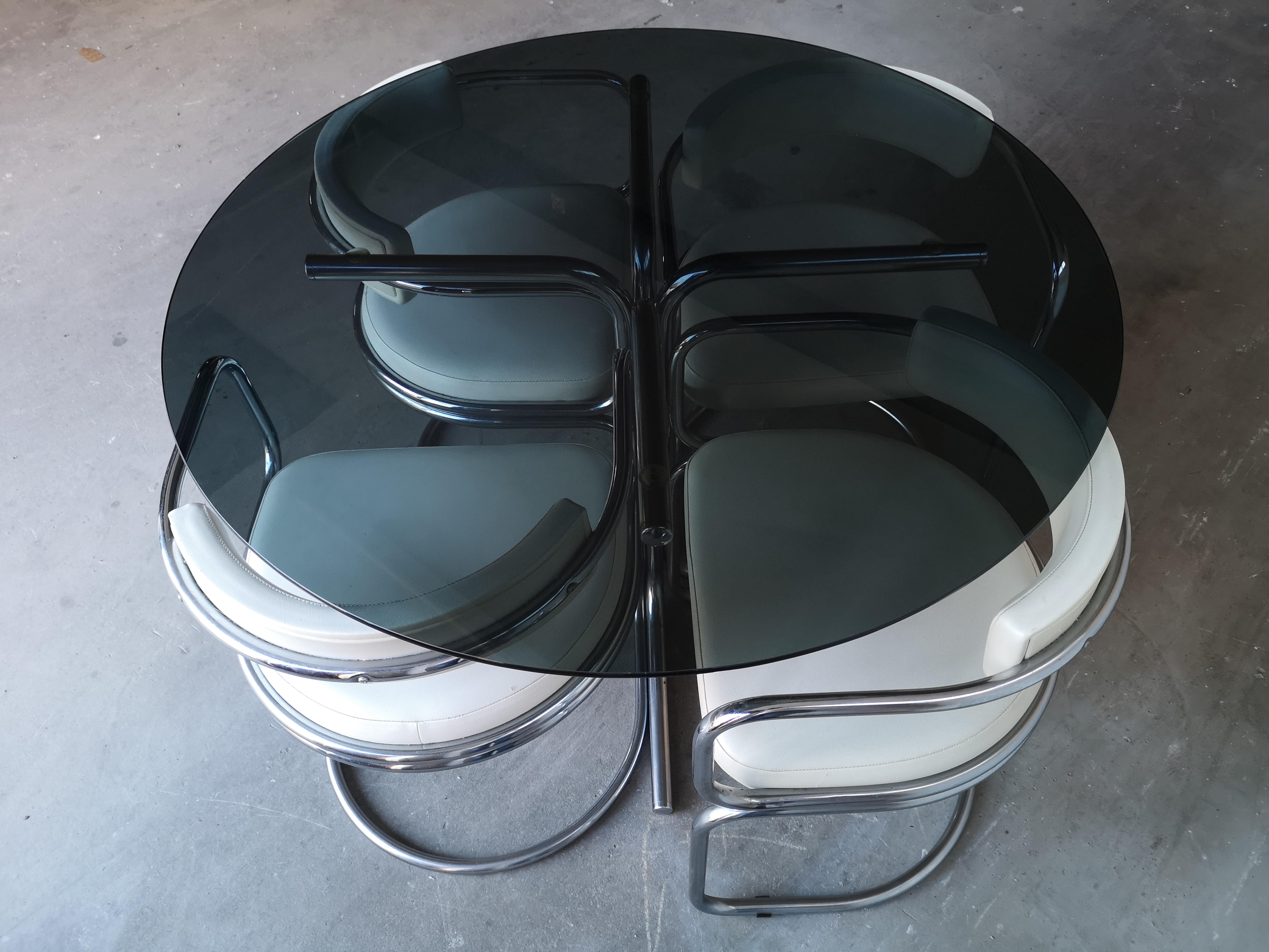 20th Century Midcentury English Chrome and Smoked Glass Dining Set