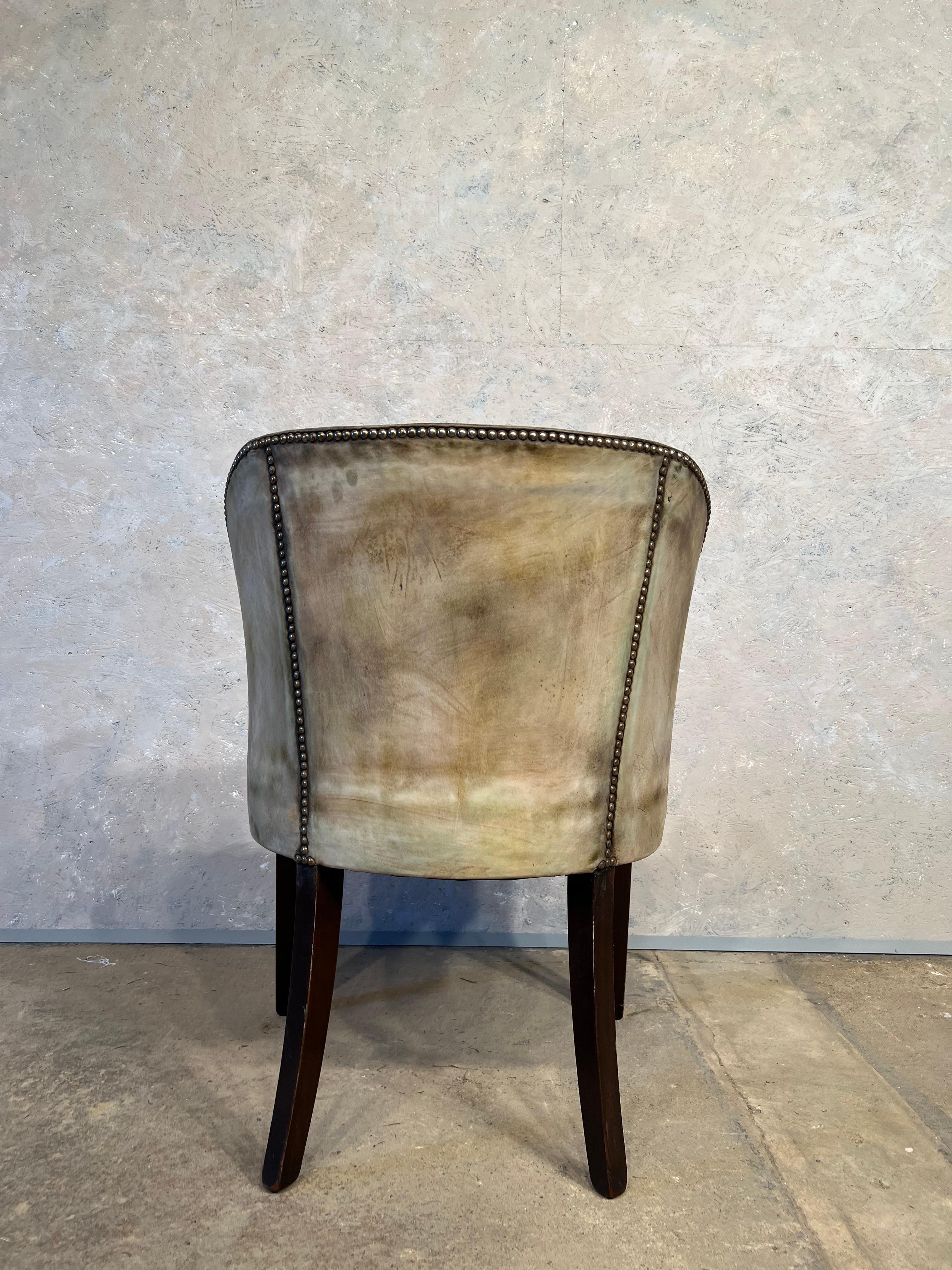 Mid-Century English Faded Green Dry Look Leather Bedroom Chair Desk Chair #198 For Sale 2