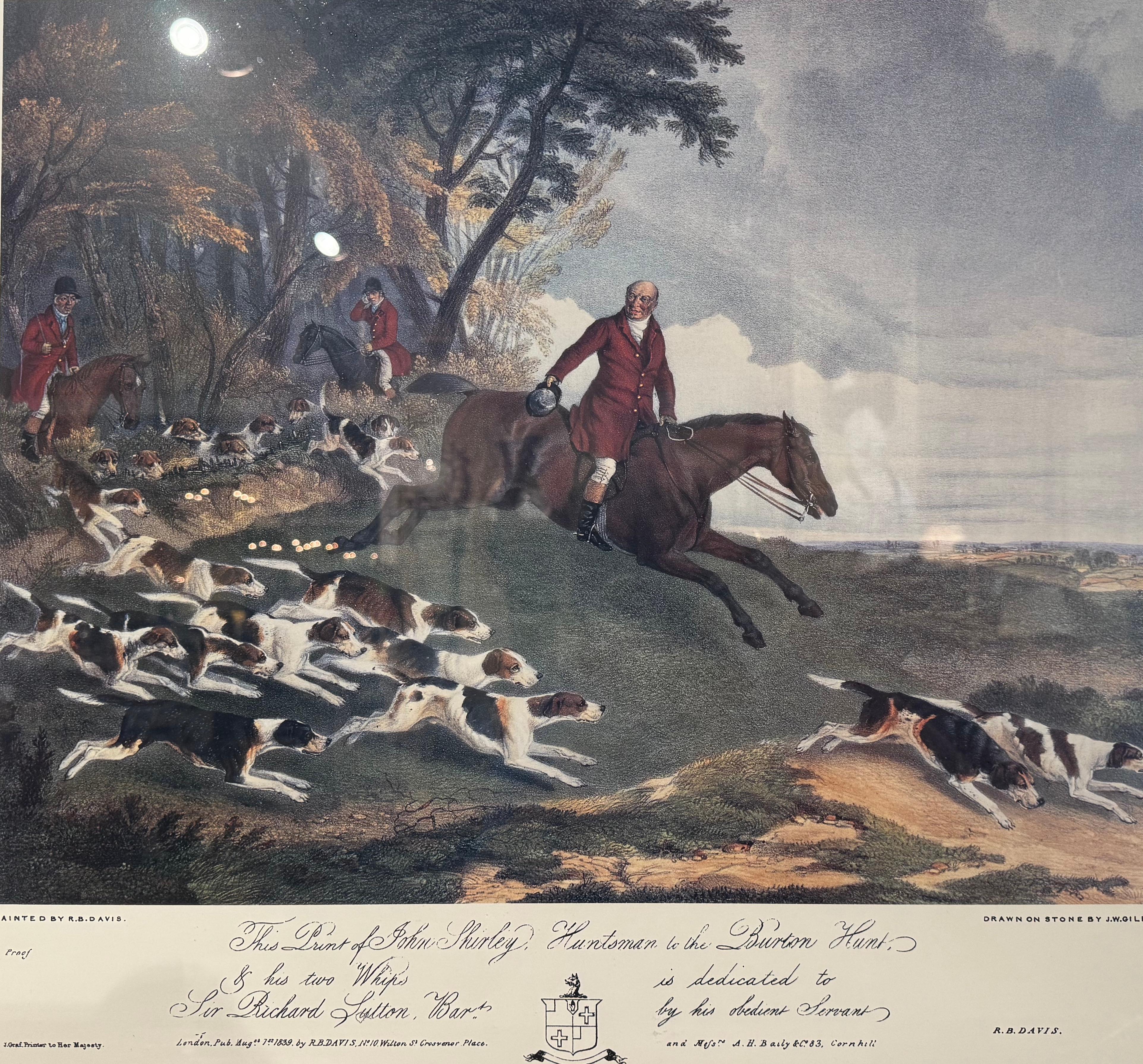 Hand-Painted Mid-Century English Framed Hand Colored Hunting Scene Print For Sale