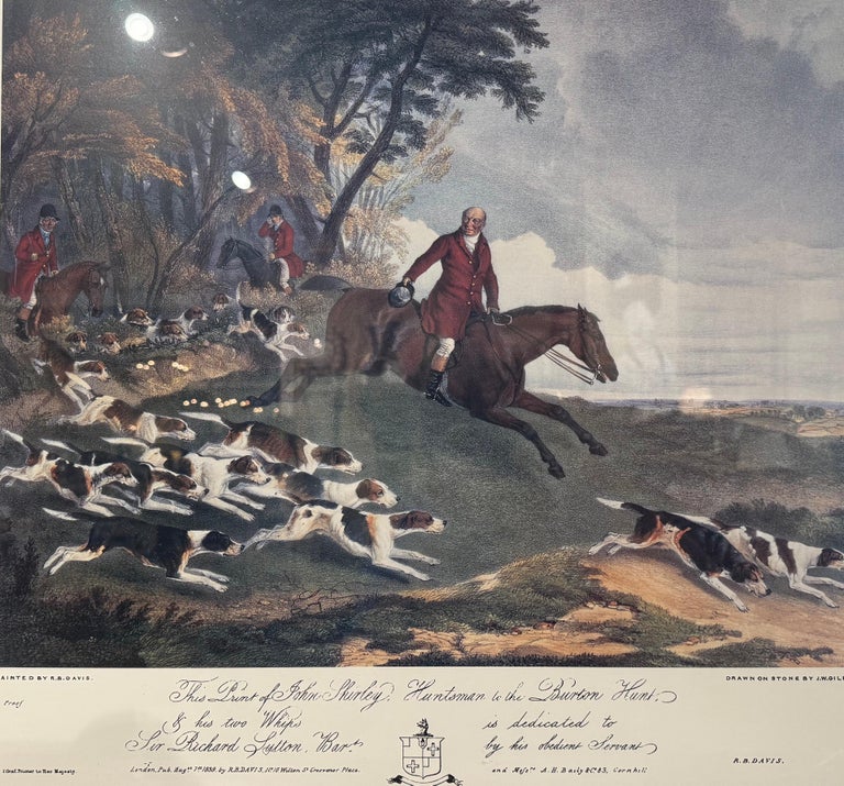 Mid-Century English Framed Hand Colored Hunting Scene Print For