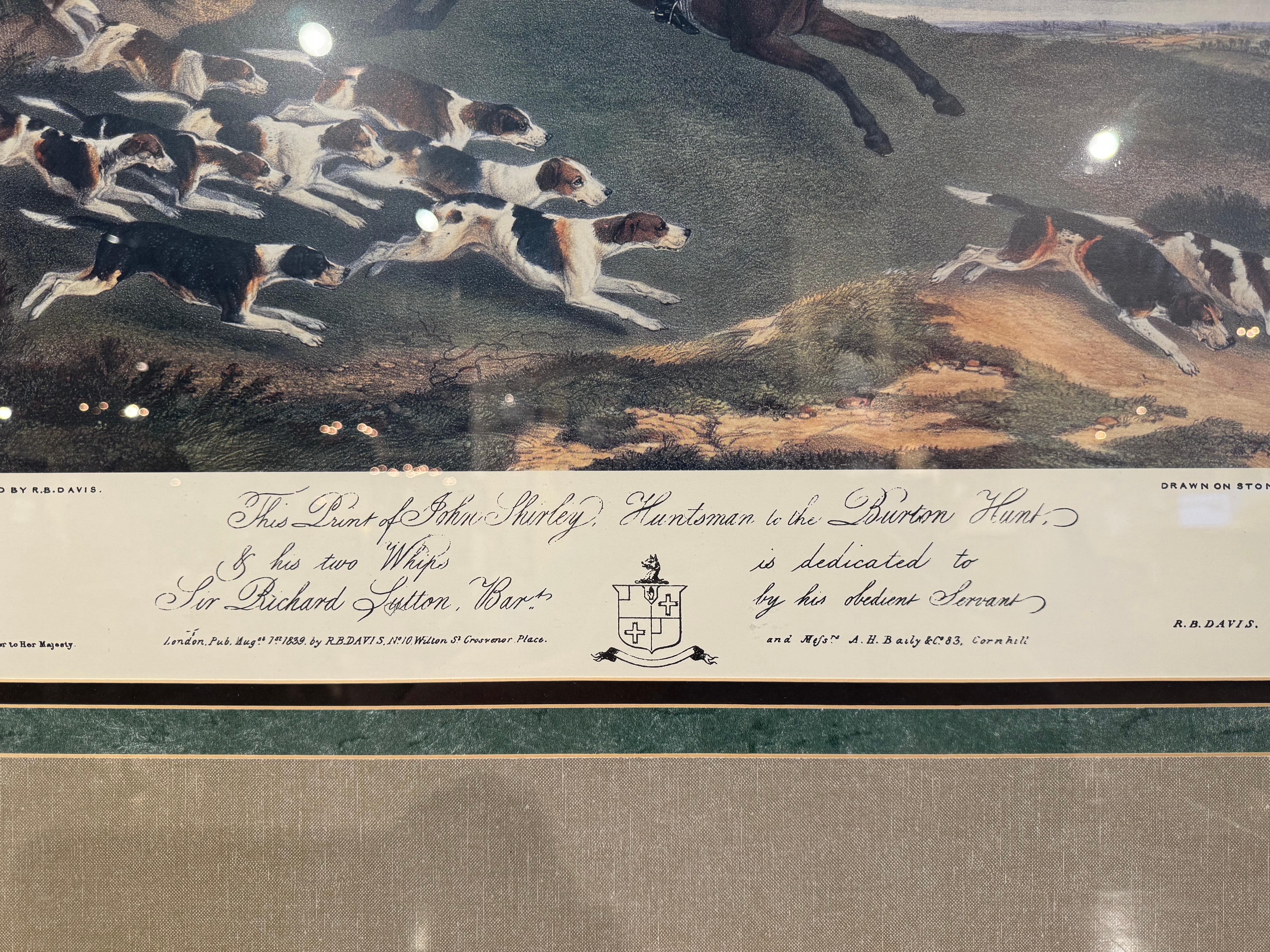 Mid-Century English Framed Hand Colored Hunting Scene Print In Excellent Condition For Sale In Dallas, TX