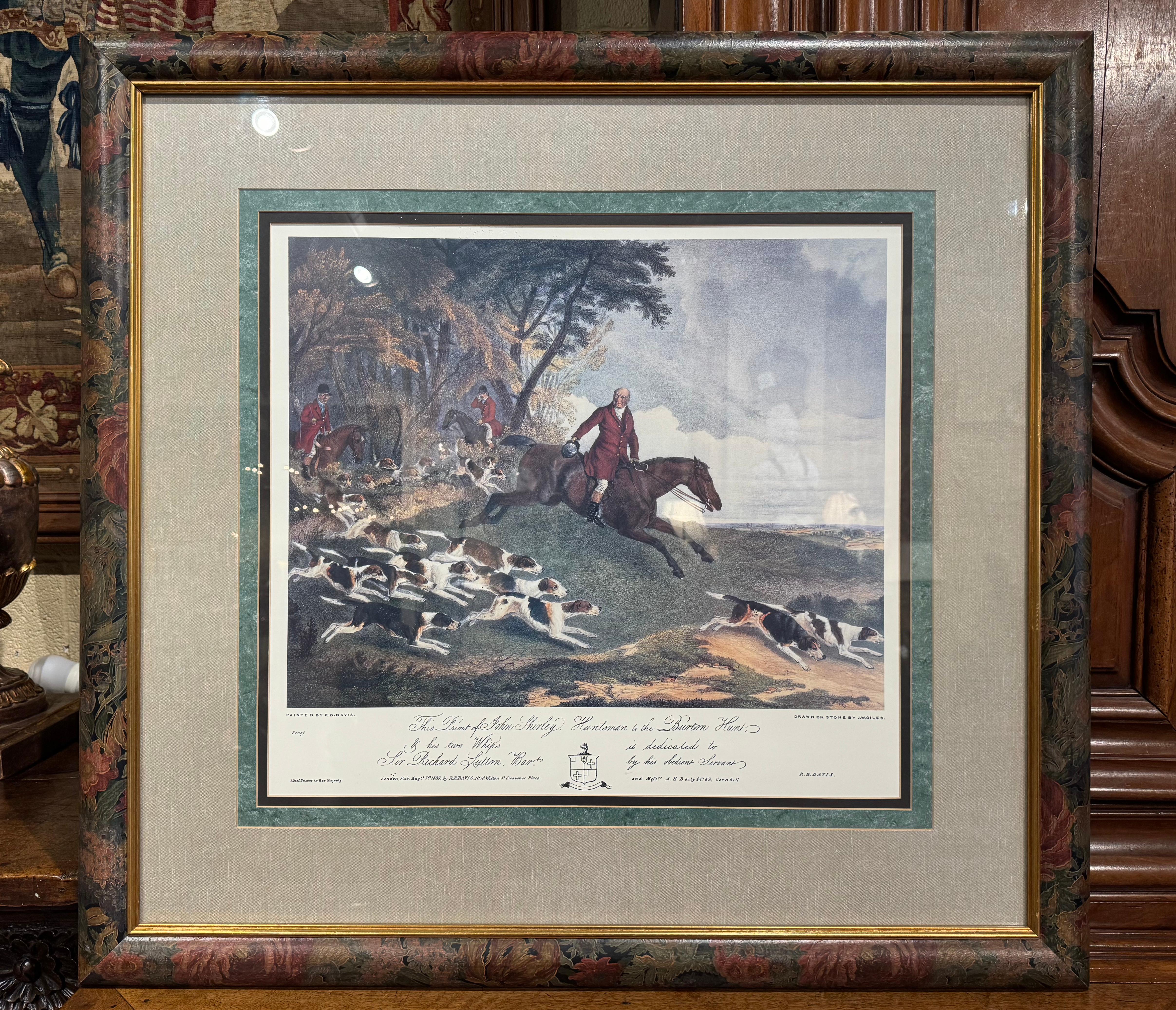 20th Century Mid-Century English Framed Hand Colored Hunting Scene Print For Sale