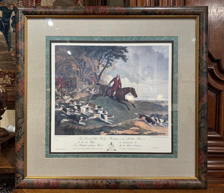 Mid-Century English Framed Hand Colored Hunting Scene Print For