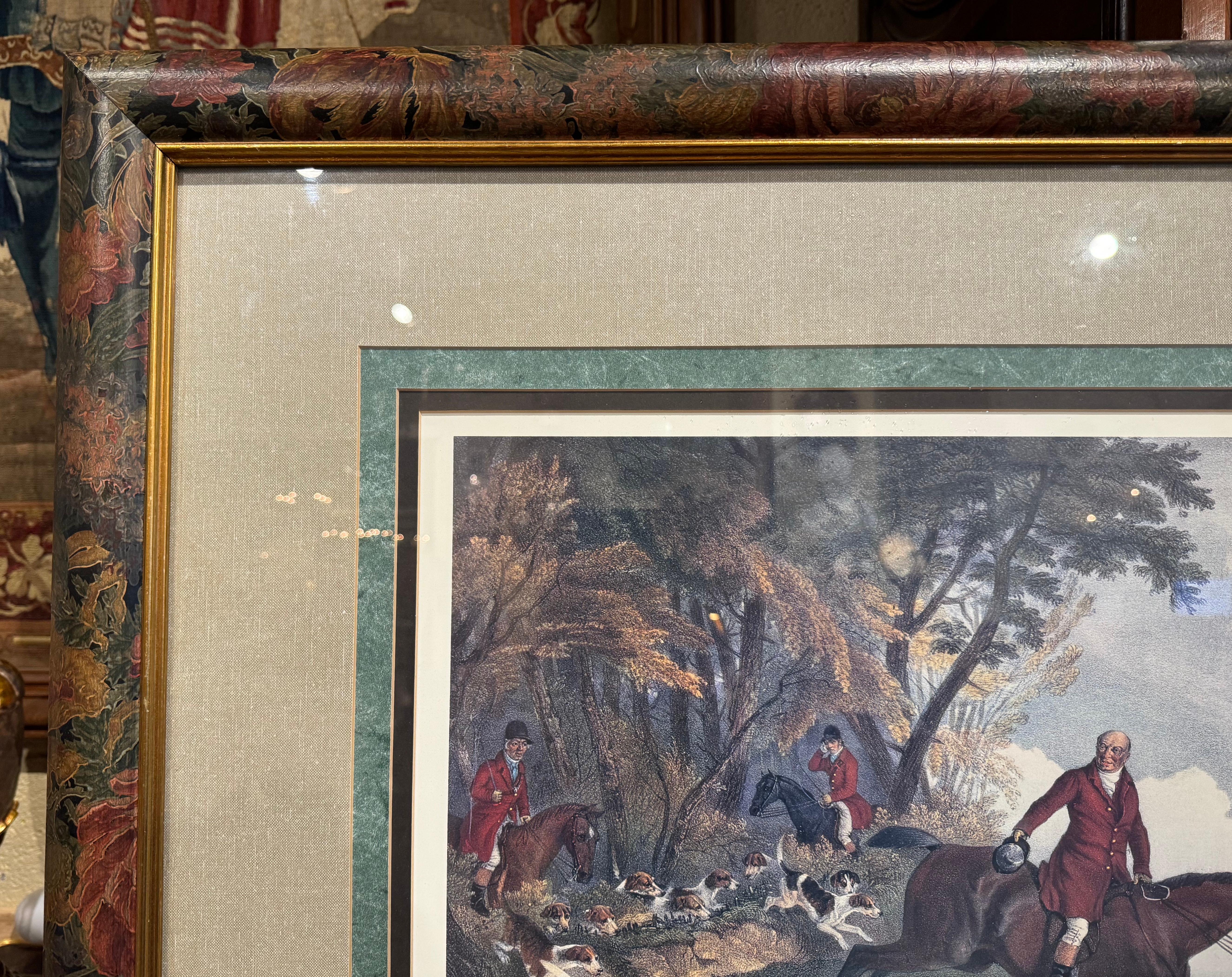 Glass Mid-Century English Framed Hand Colored Hunting Scene Print For Sale