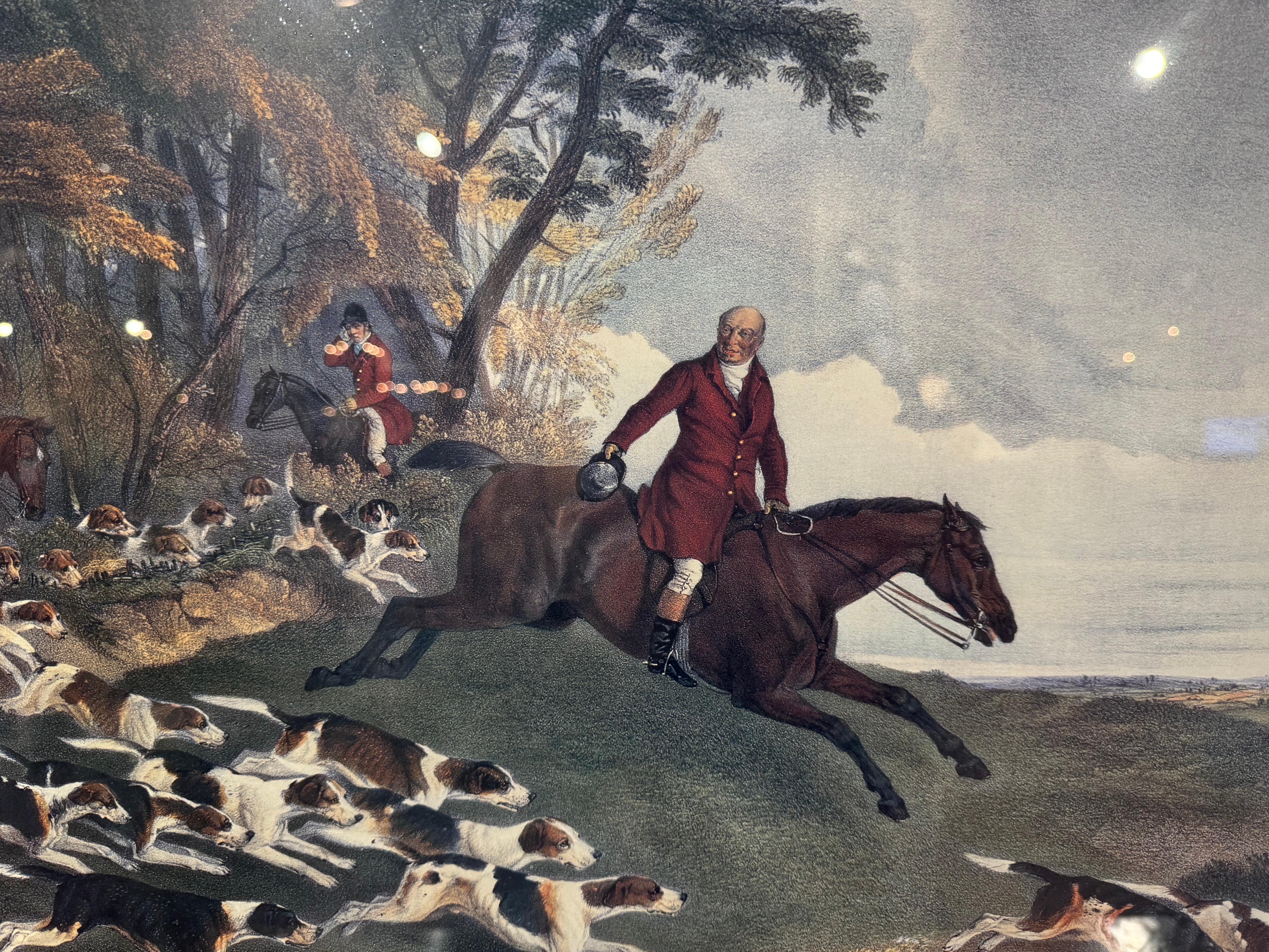 Mid-Century English Framed Hand Colored Hunting Scene Print For Sale 1