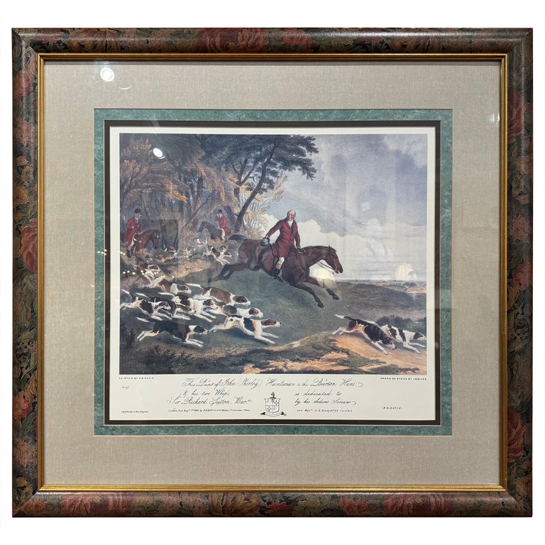 Mid-Century English Framed Hand Colored Hunting Scene Print For