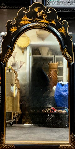 Mid-Century English Georgian Style Black Lacquer & Gilt Chinoiserie Mirror
