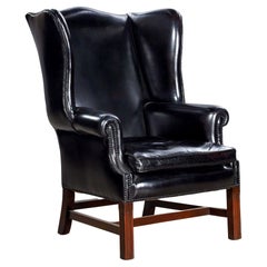 Mid-Century English Georgian Style Black Leather Wing Chair