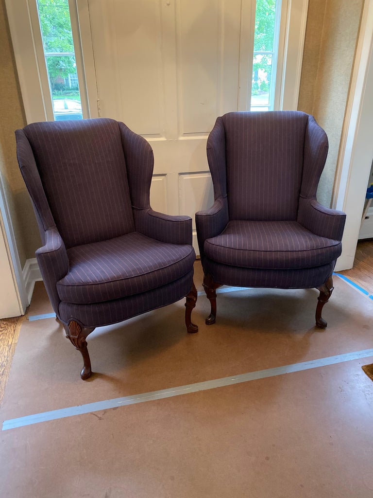 Midcentury English Georgian Upholstered Wing Back Armchairs / a Pair For Sale 5