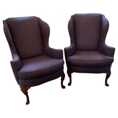Midcentury English Georgian Upholstered Wing Back Armchairs / a Pair