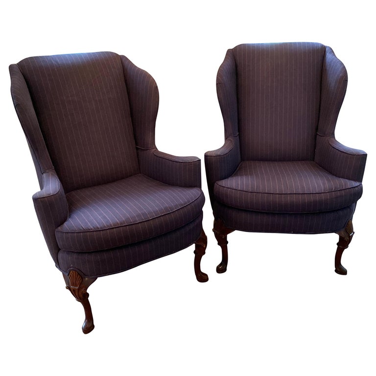 Midcentury English Georgian Upholstered Wing Back Armchairs / a Pair For Sale