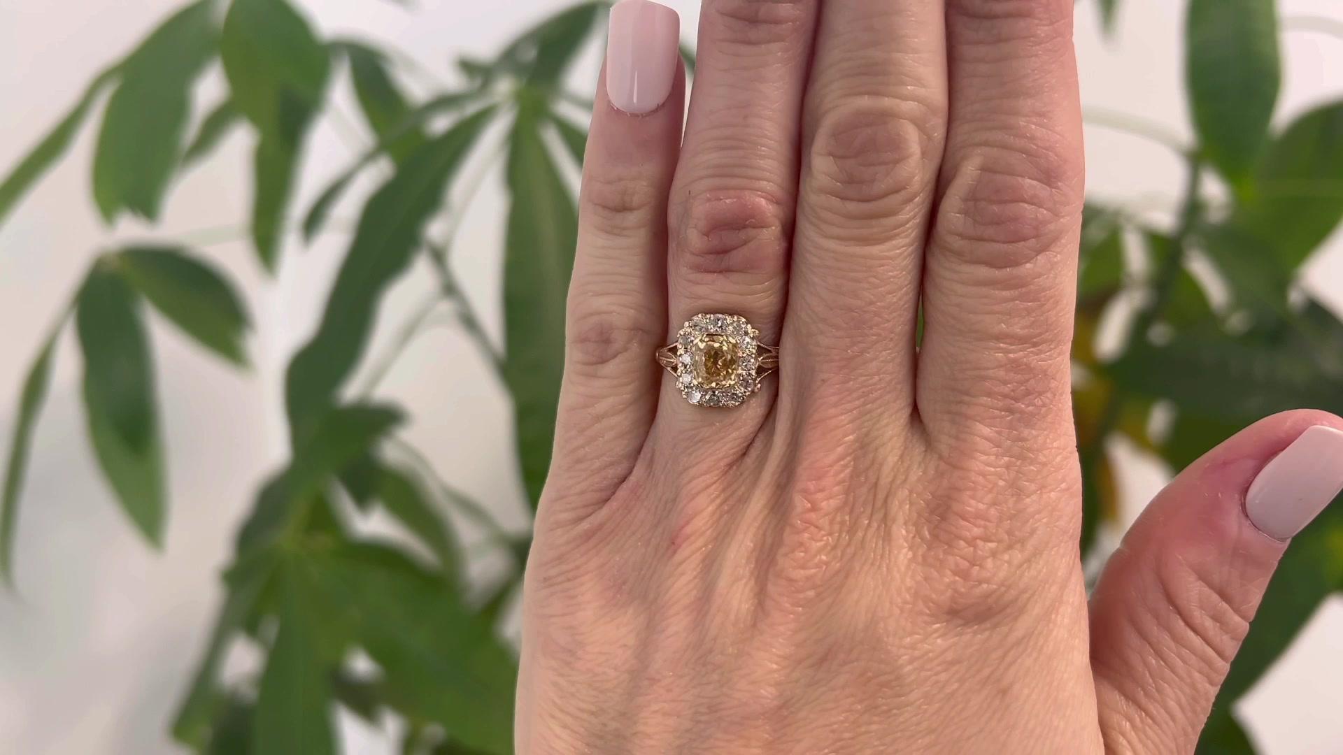 Mid Century English GIA 1.42 Carats Old Mine Cut Fancy Color Diamond Gold Ring In Excellent Condition In Beverly Hills, CA