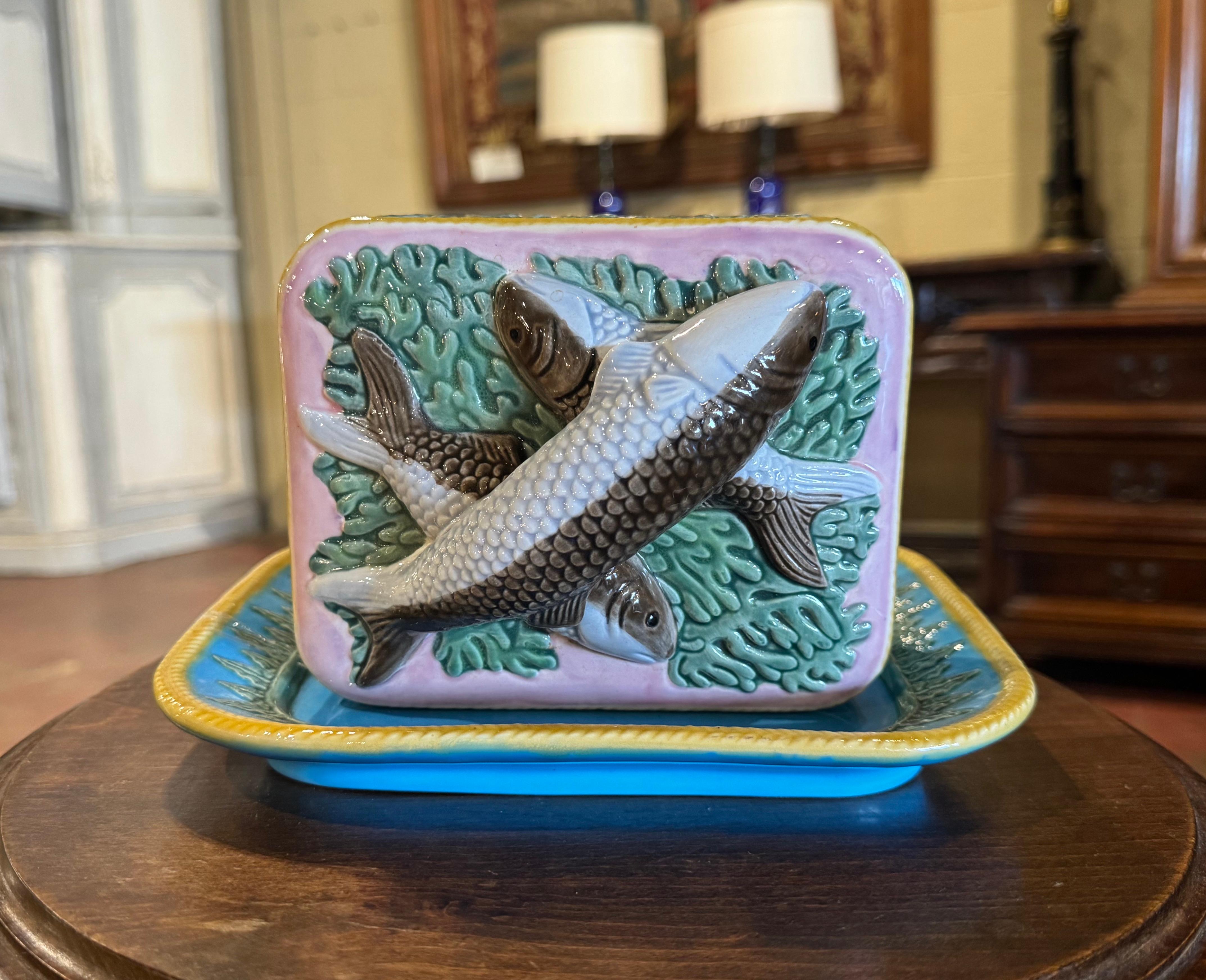 Hand-Crafted Mid-Century English Hand Painted Barbotine Majolica Sardine Cover Box and Plate