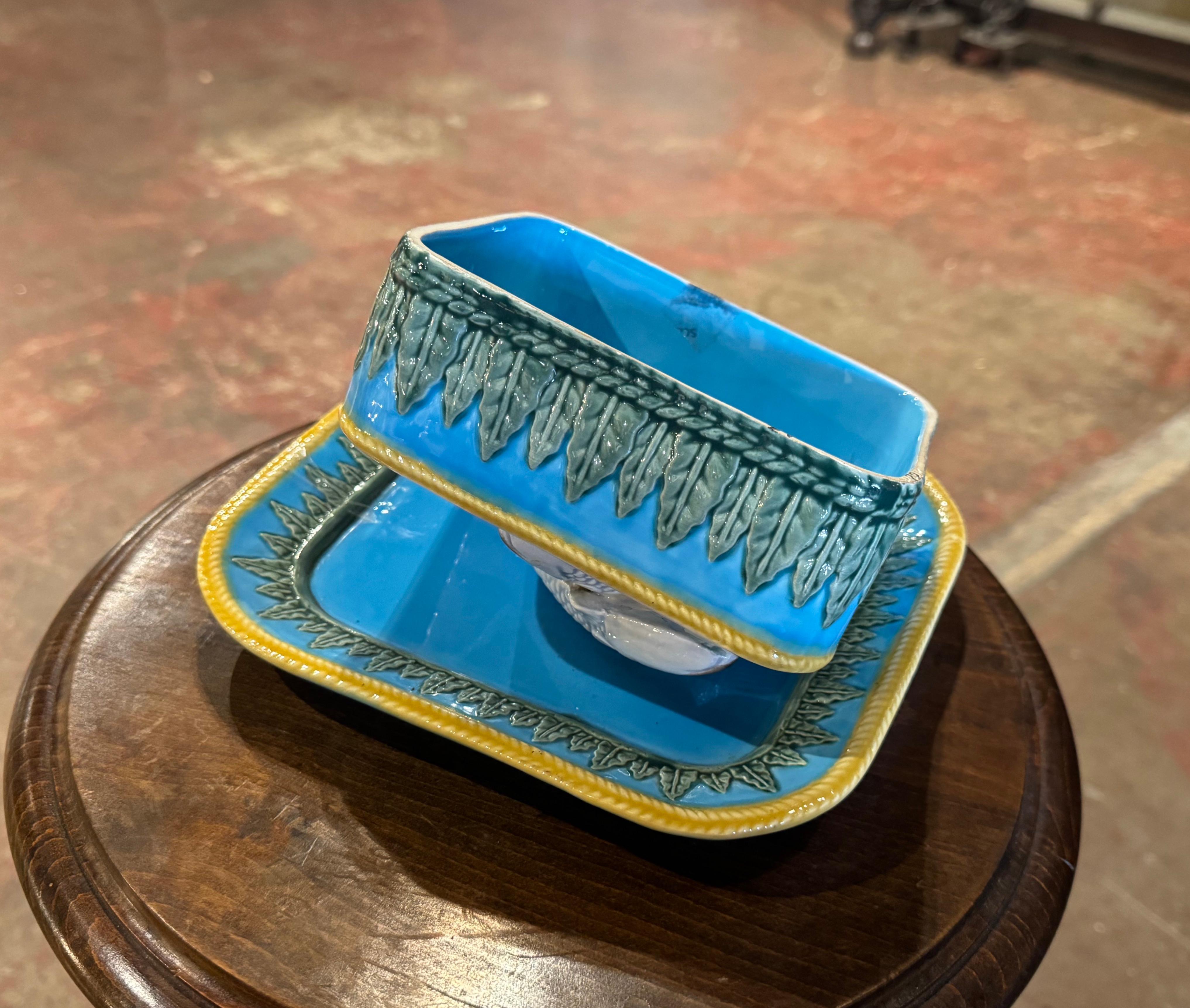 20th Century Mid-Century English Hand Painted Barbotine Majolica Sardine Cover Box and Plate
