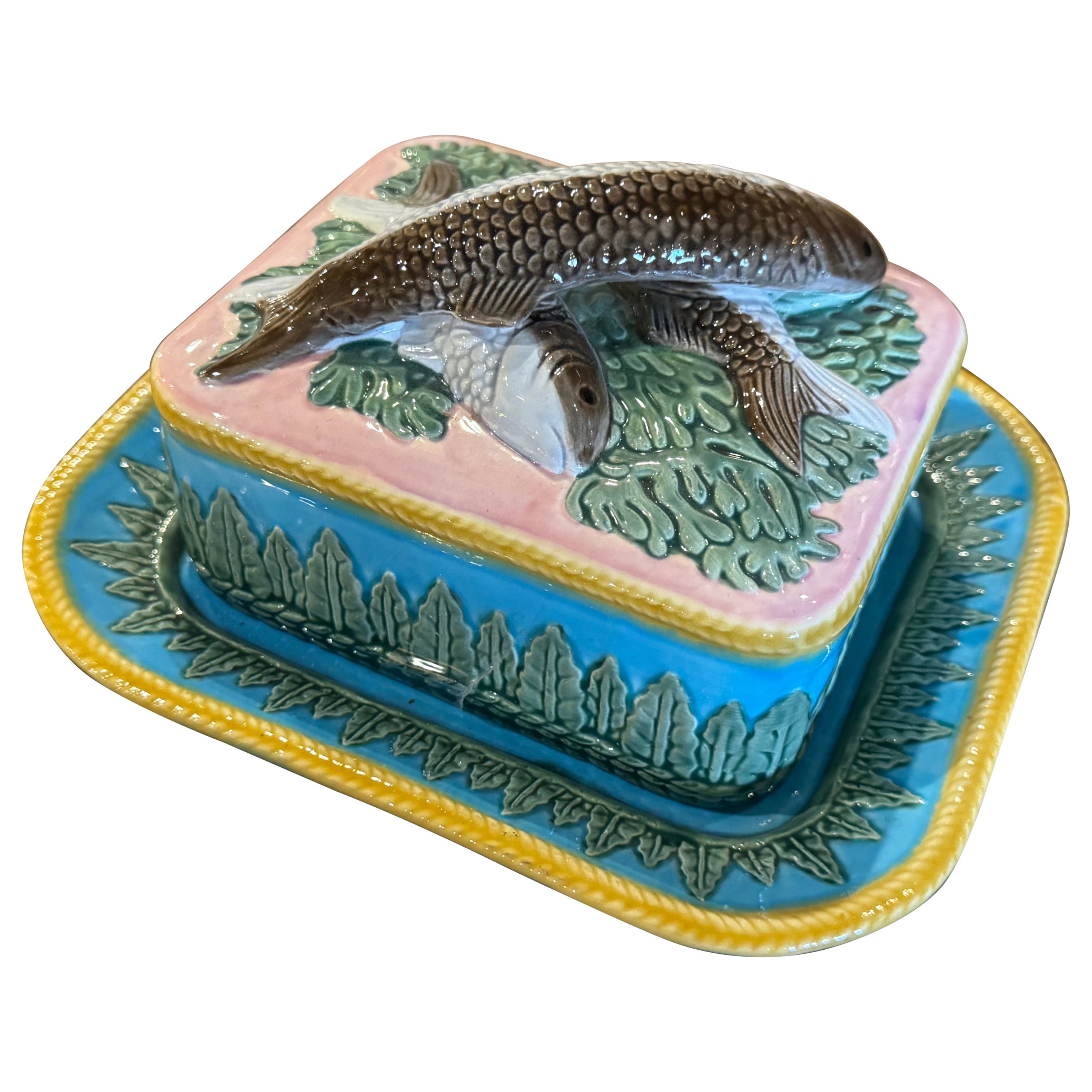 Mid-Century English Hand Painted Barbotine Majolica Sardine Cover Box and Plate