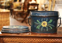 Mid-Century English Hand Painted Tole Bucket and Lid with Foliage Motifs