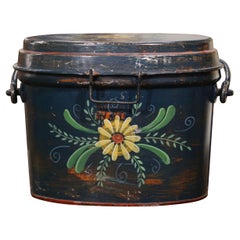 Mid-Century English Hand Painted Tole Bucket and Lid with Foliage Motifs