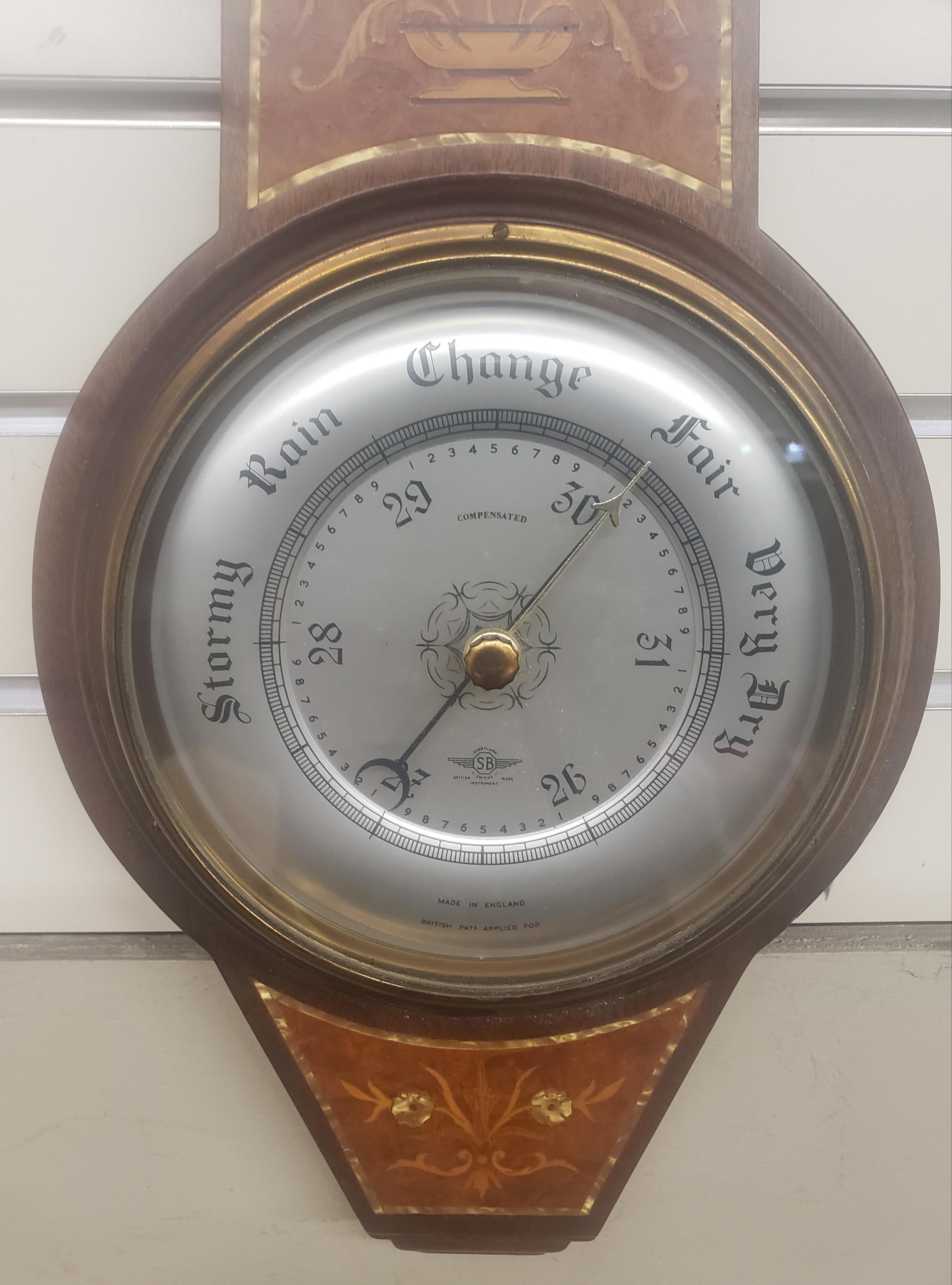 Mid-Century Modern Mid-Century English Inlaid Burlwood Barometer / Thermometer For Sale