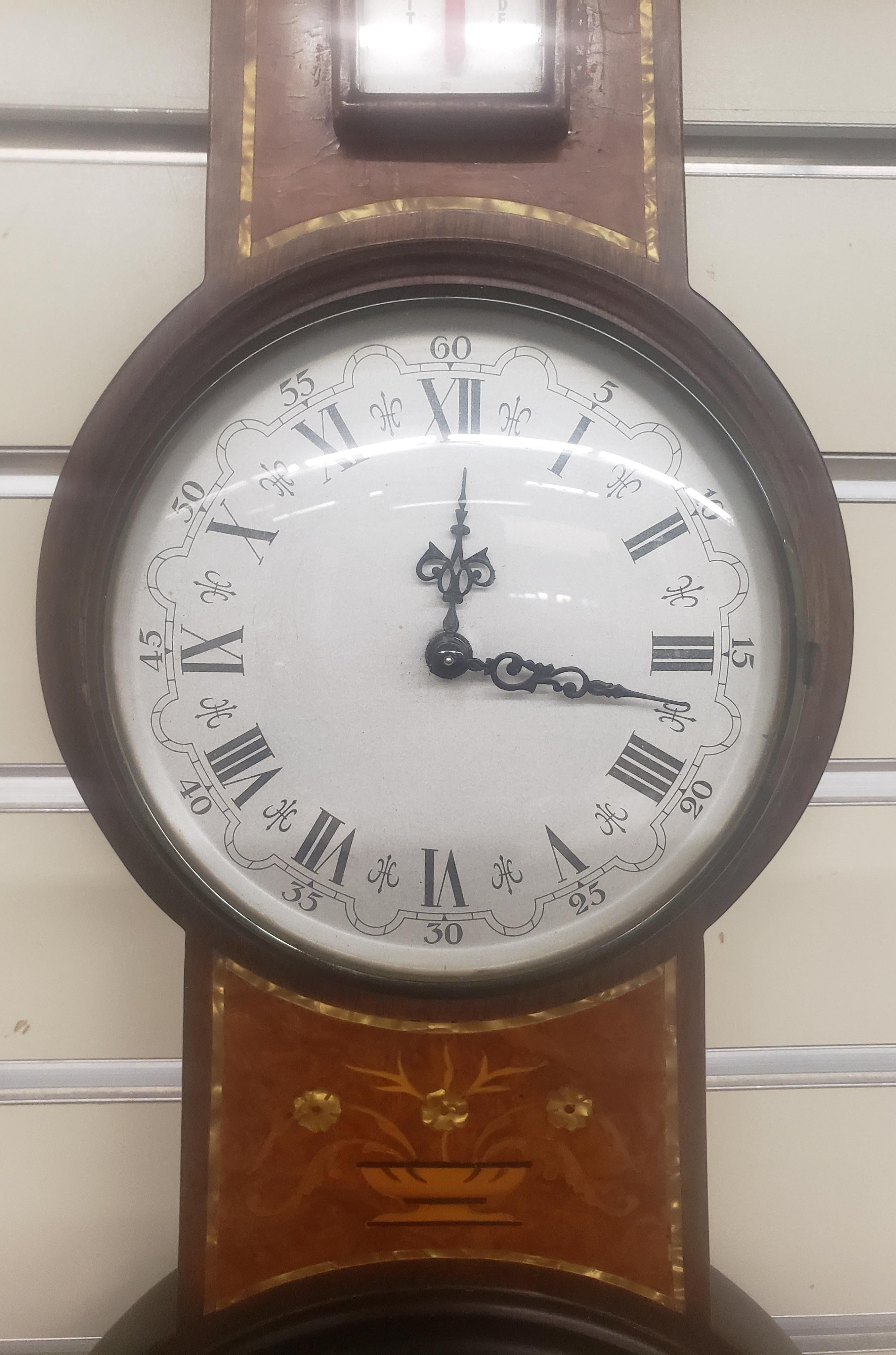 Inlay Mid-Century English Inlaid Burlwood Barometer / Thermometer For Sale