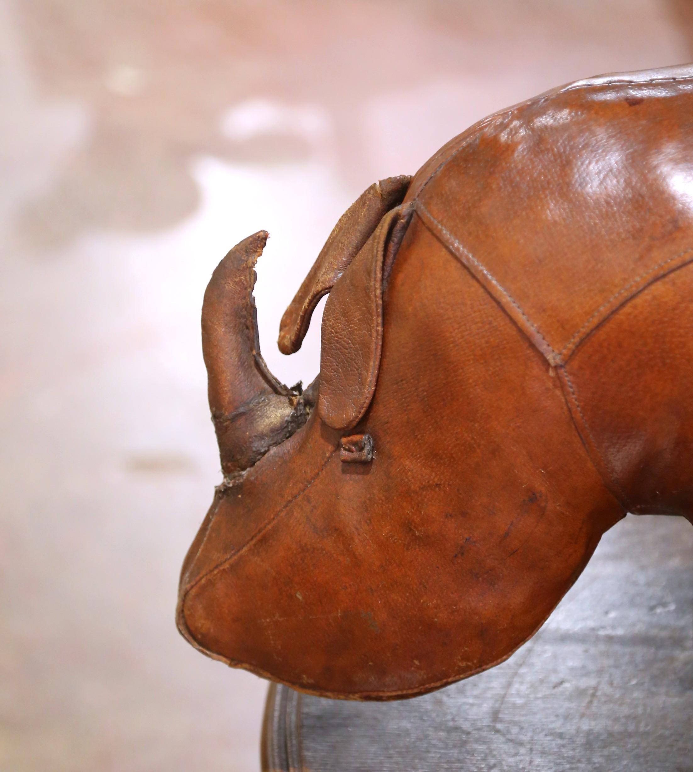 Art Deco Mid-Century English Leather Rhino Footstool Attributed to Dimitri Omersa For Sale