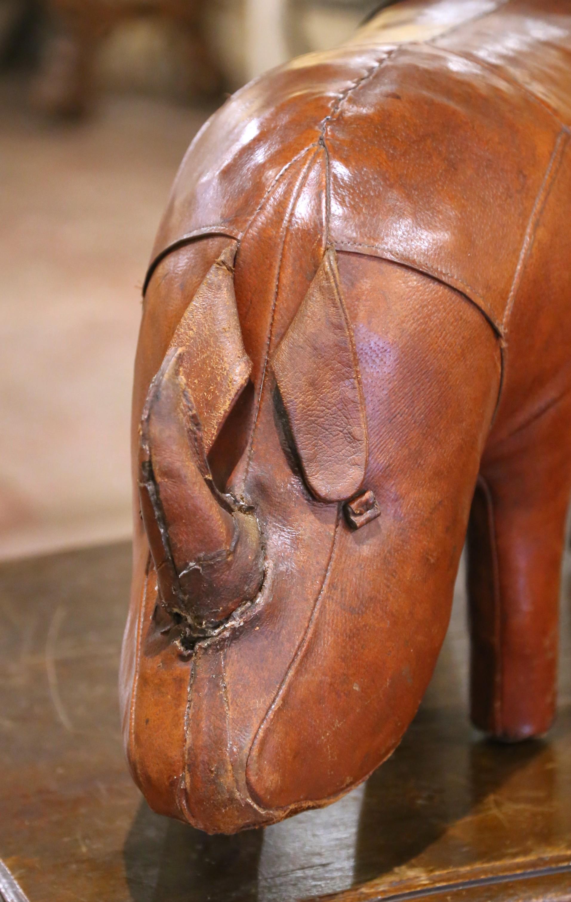 Hand-Crafted Mid-Century English Leather Rhino Footstool Attributed to Dimitri Omersa For Sale