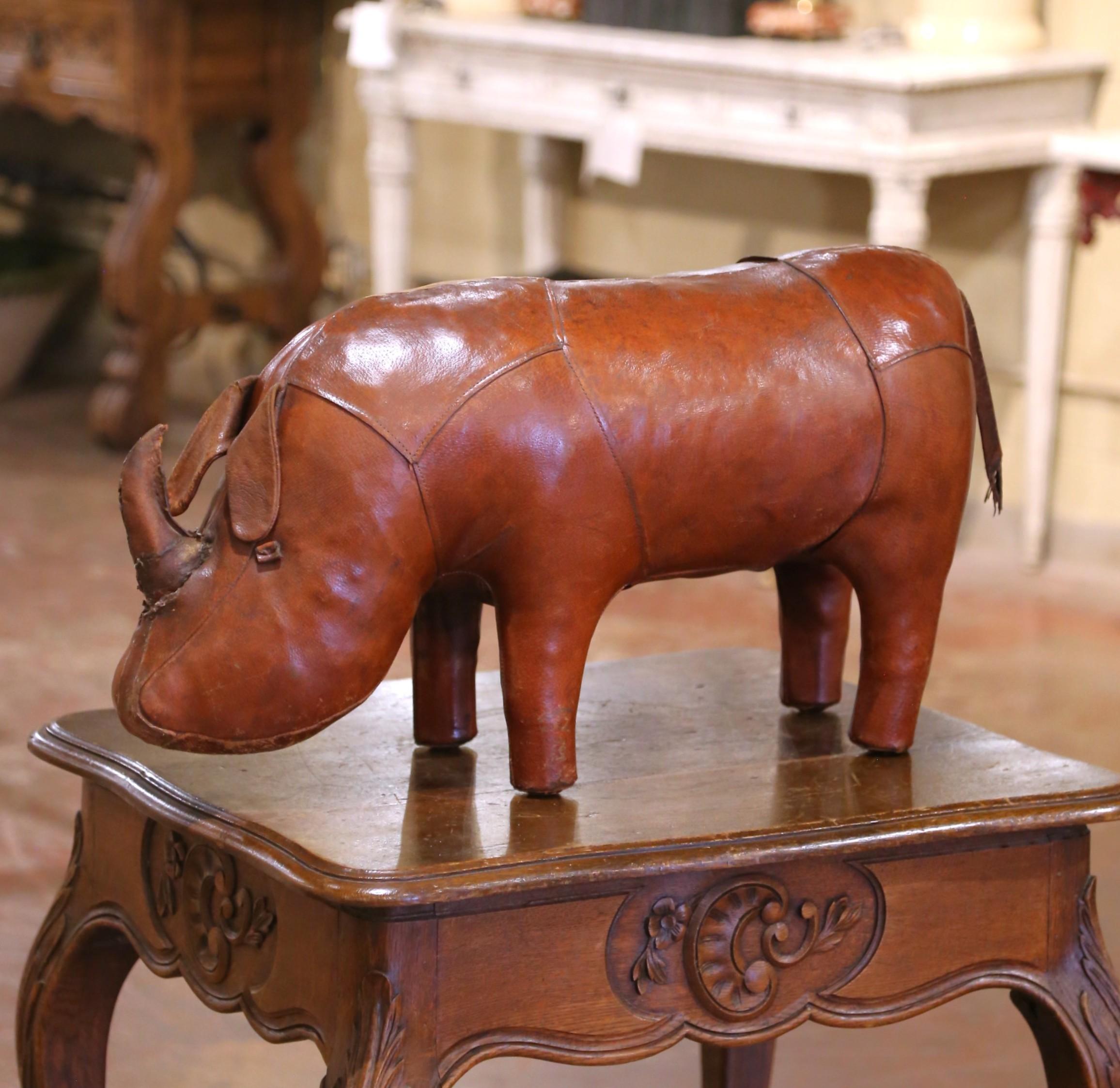 Mid-Century English Leather Rhino Footstool Attributed to Dimitri Omersa In Excellent Condition For Sale In Dallas, TX