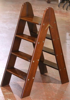 Mid-Century English Mahogany 4-Step Library Folding Ladder with Brass Hinges