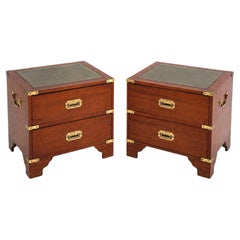 Mid-Century English Mahogany Campaign & Tooled Leather Side Tables / Chests Pair