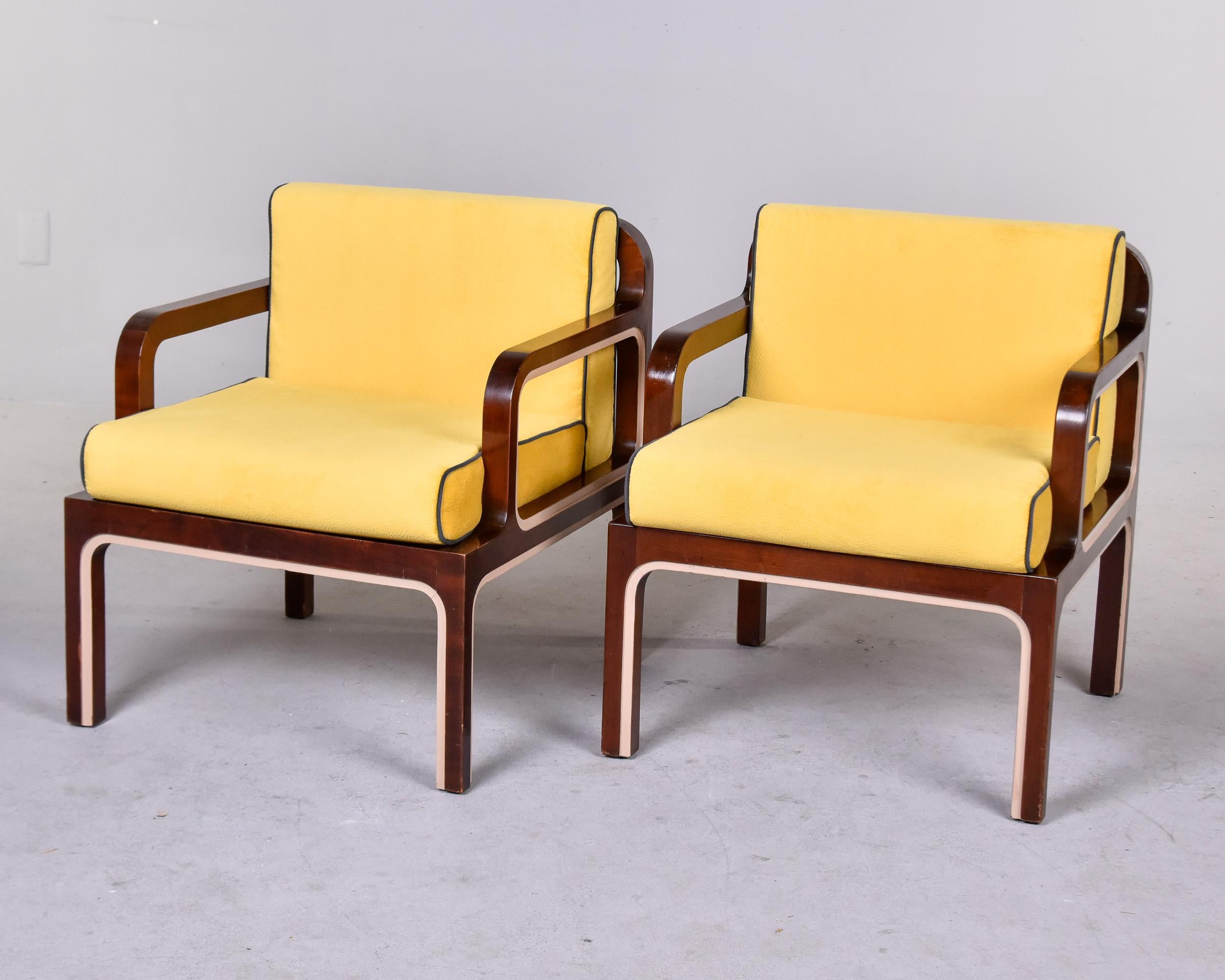 Midcentury English Mod Three Piece Set with Wood Framed Sofa and Pair Armchairs For Sale 1