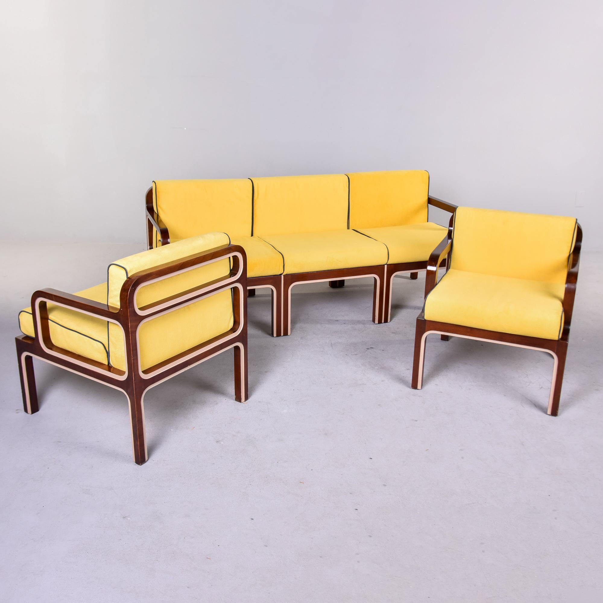 Midcentury English Mod Three Piece Set with Wood Framed Sofa and Pair Armchairs For Sale 4