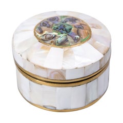 Mid-Century English Mother of Pearl & Brass Round Vanity Trinket Box
