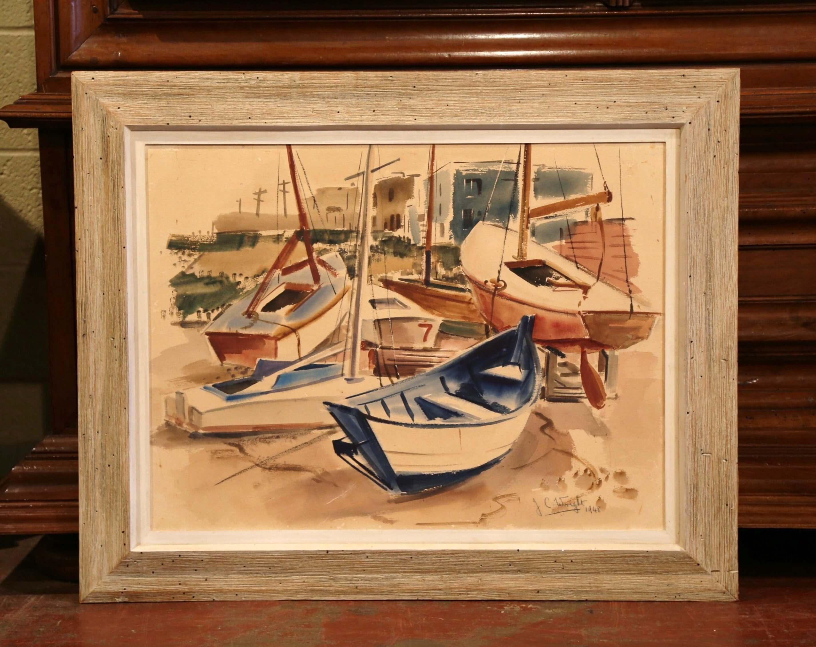 Englisch, Öl auf Platte, Boot, Gemälde, signiert J.C. Wright, datiert 1948, Jahrhundertmitte im Zustand „Hervorragend“ im Angebot in Dallas, TX