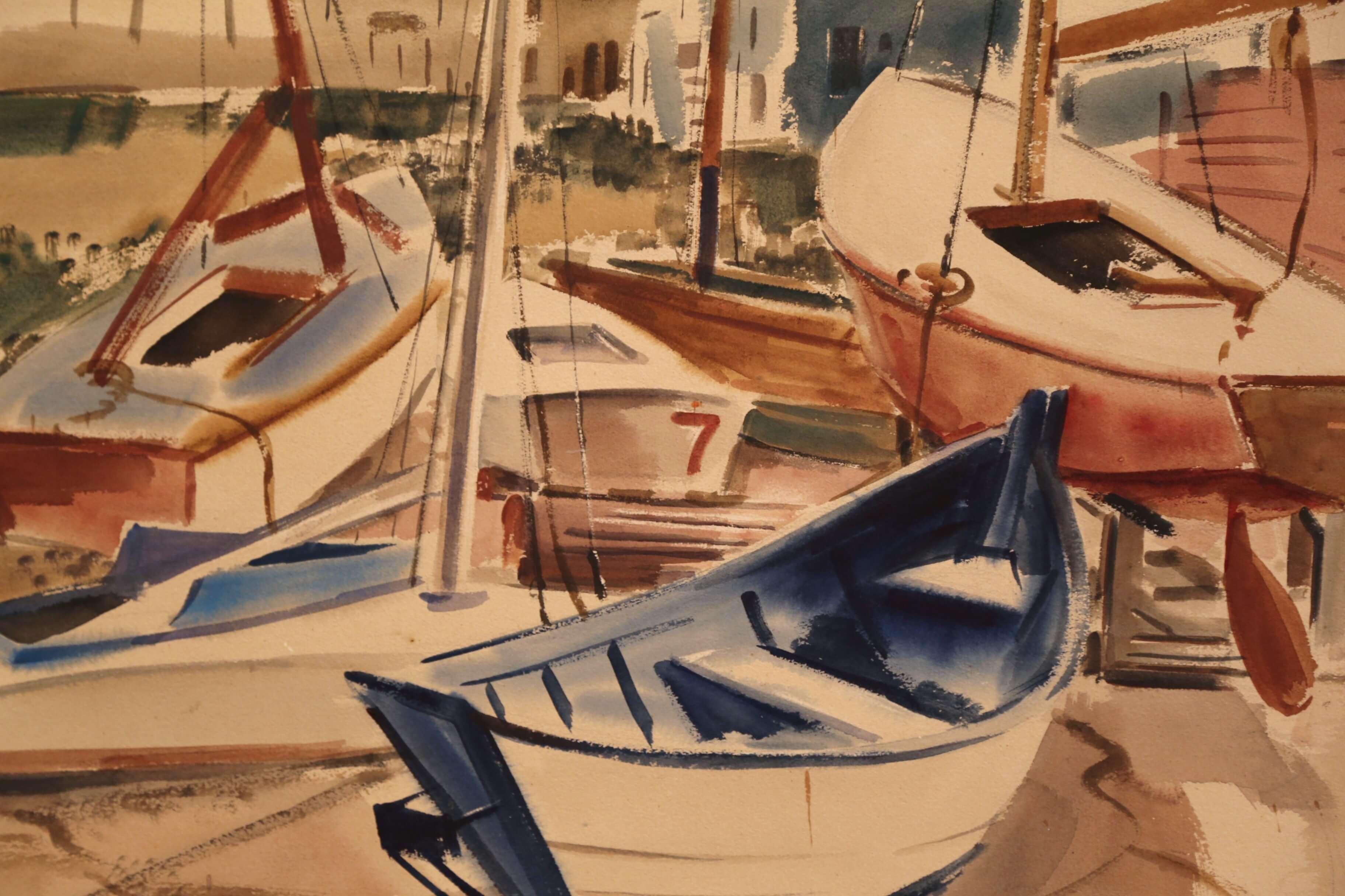 Hand-Painted Midcentury English Oil on Board Boat Painting Signed J.C. Wright Dated 1948 For Sale