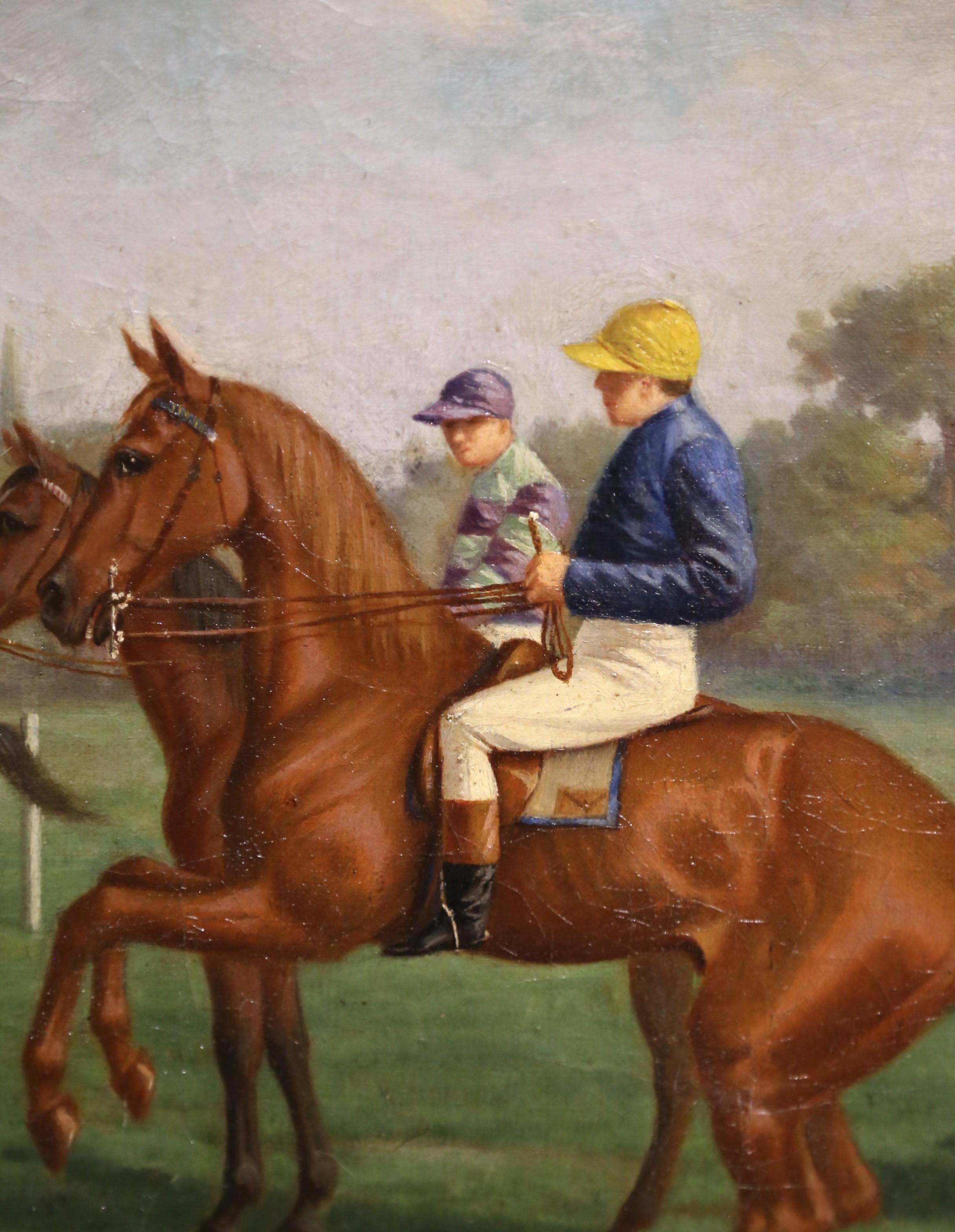 Olio su tela inglese di metà secolo Pittura di fantini firmata e datata 1943 in vendita 4