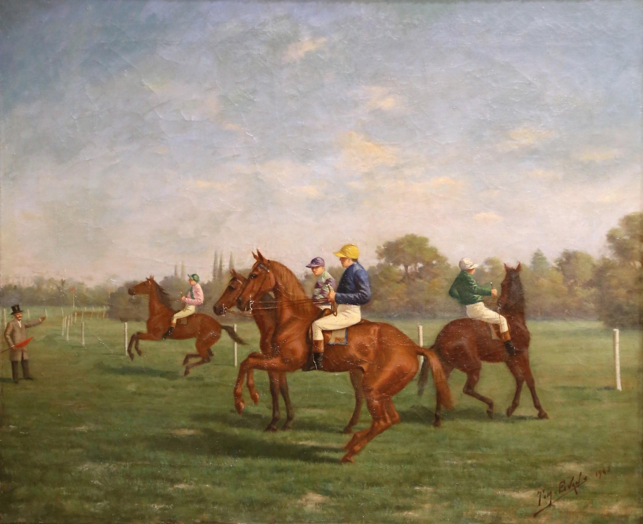 Inglese Olio su tela inglese di metà secolo Pittura di fantini firmata e datata 1943 in vendita