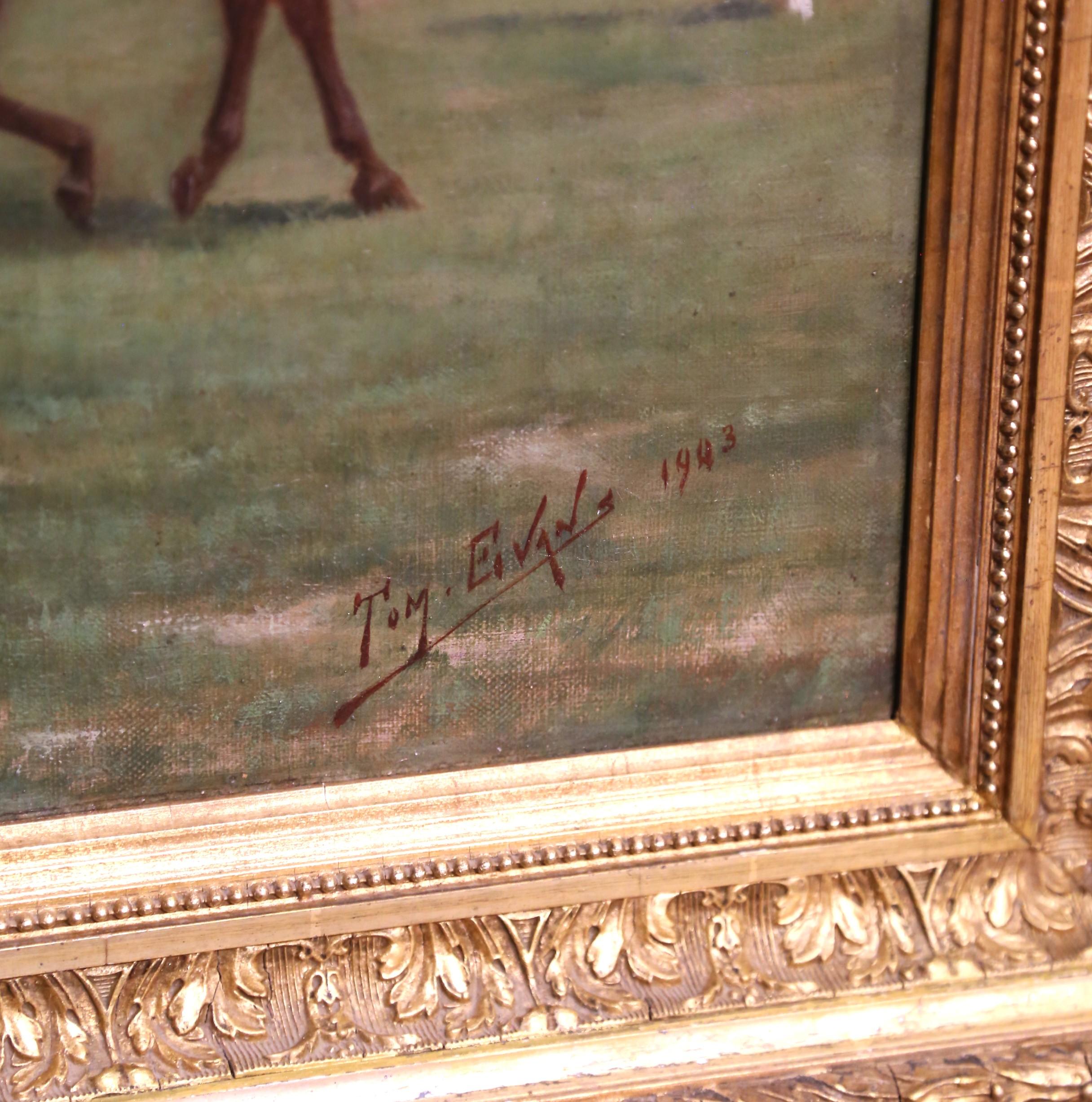 Dorato Olio su tela inglese di metà secolo Pittura di fantini firmata e datata 1943 in vendita