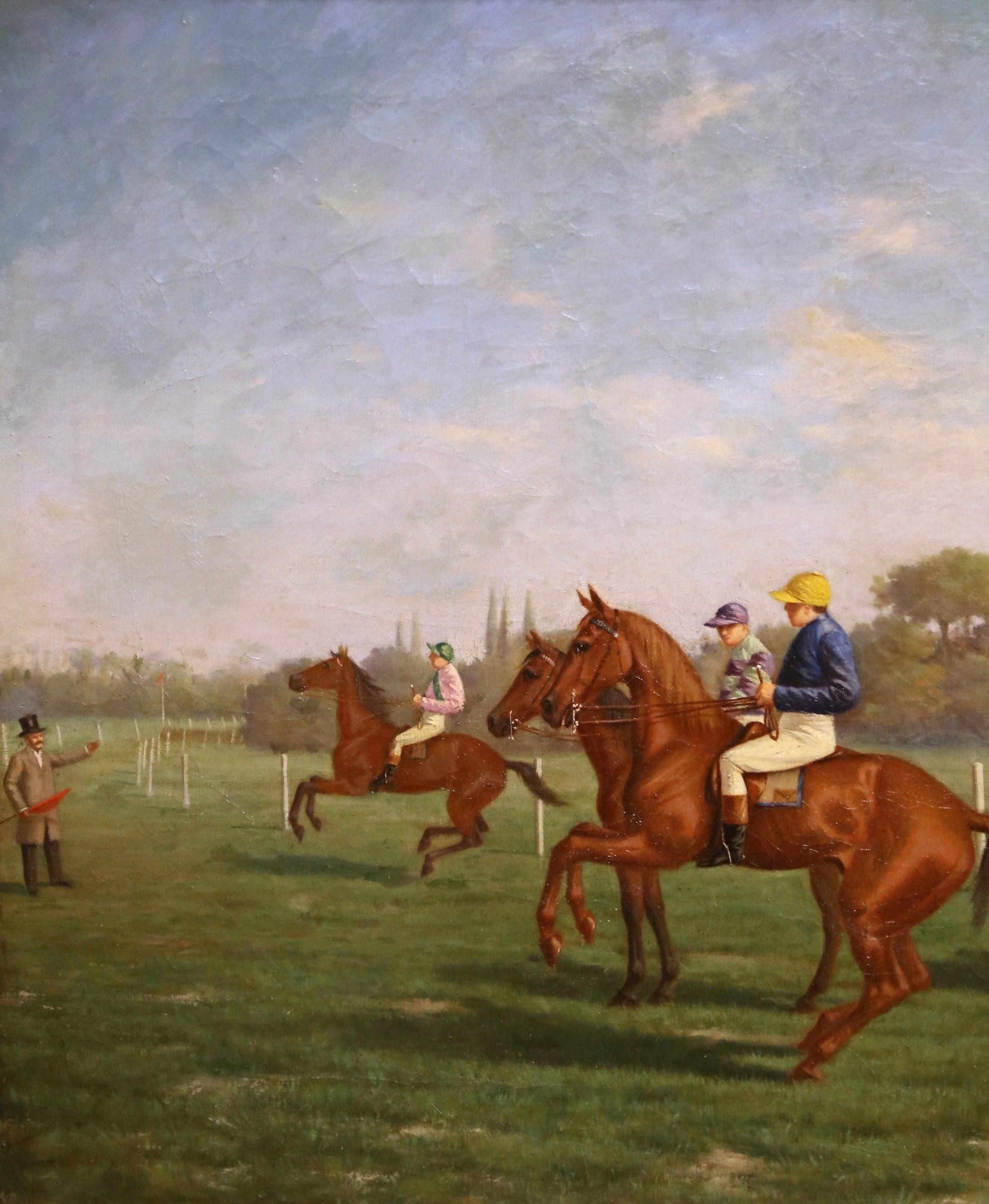 Olio su tela inglese di metà secolo Pittura di fantini firmata e datata 1943 In condizioni ottime in vendita a Dallas, TX