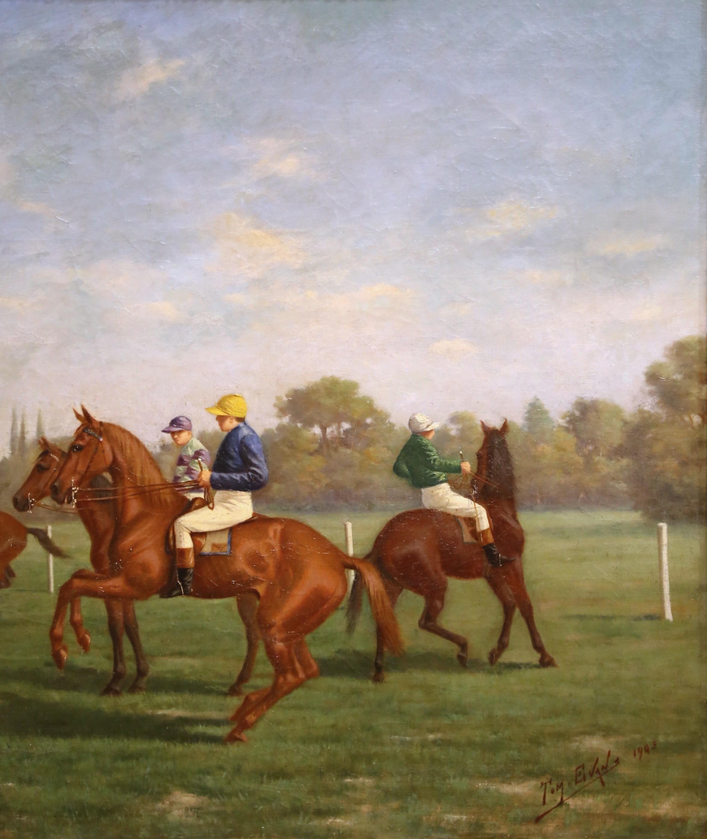 Olio su tela inglese di metà secolo Pittura di fantini firmata e datata 1943 in vendita 1
