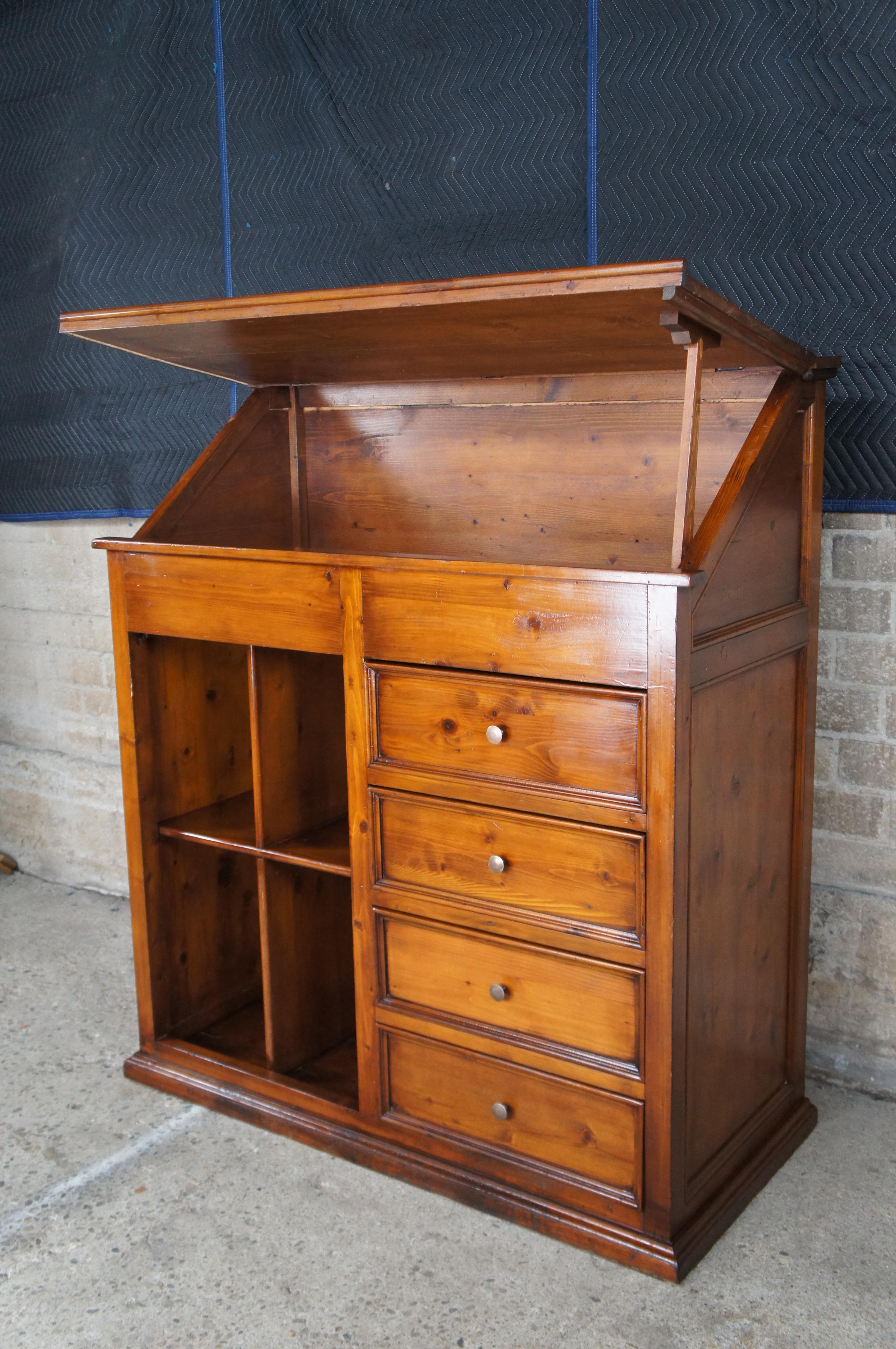 Mid Century English Pine Farmhouse Slant Top Standing Desk Dresser Secretary 59