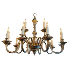 Vintage Midcentury English Polished Brass 2-Tone 15-Light Chandelier