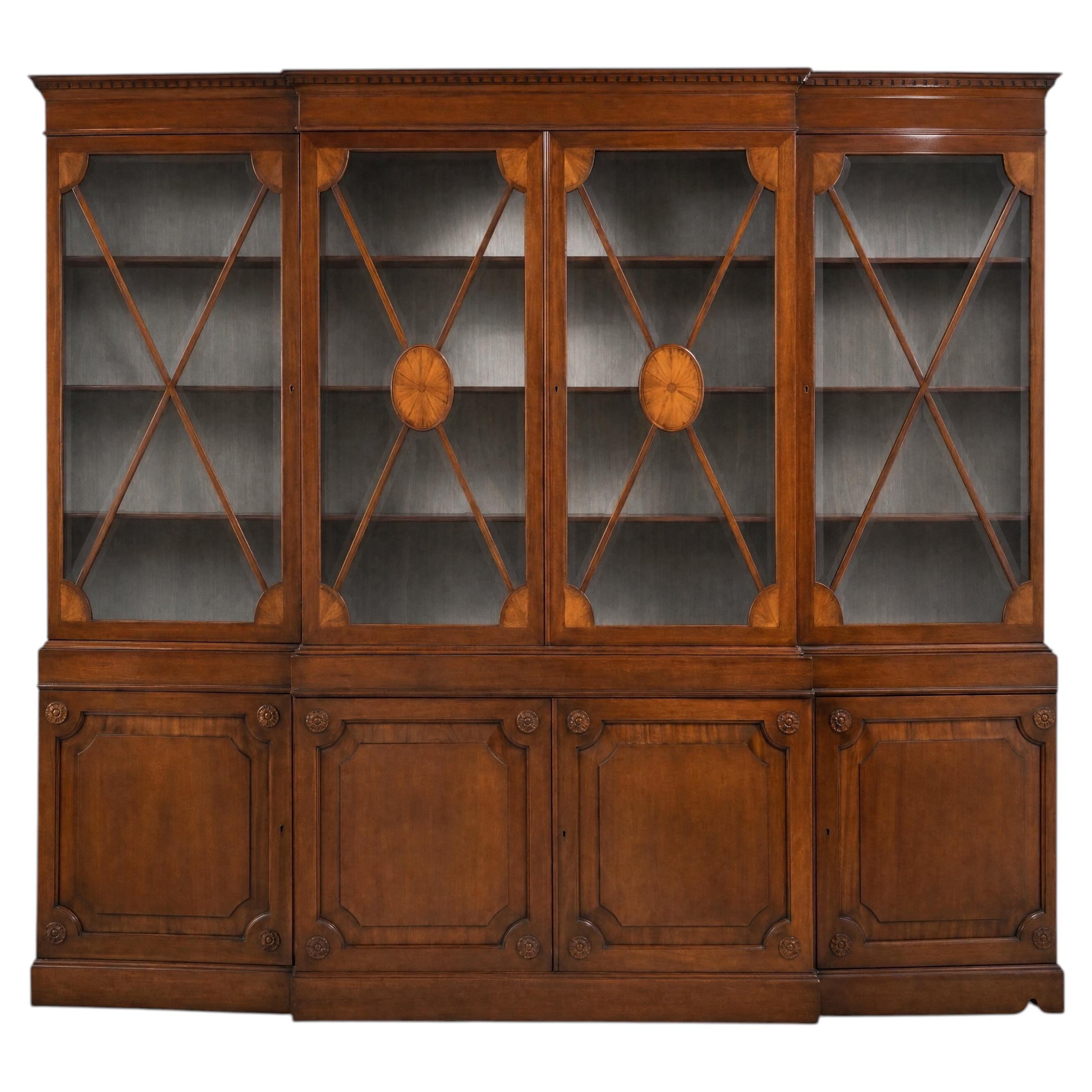 Mid-Century English Regency Style Inlaid Mahogany & Satinwood Bookcase Cabinet