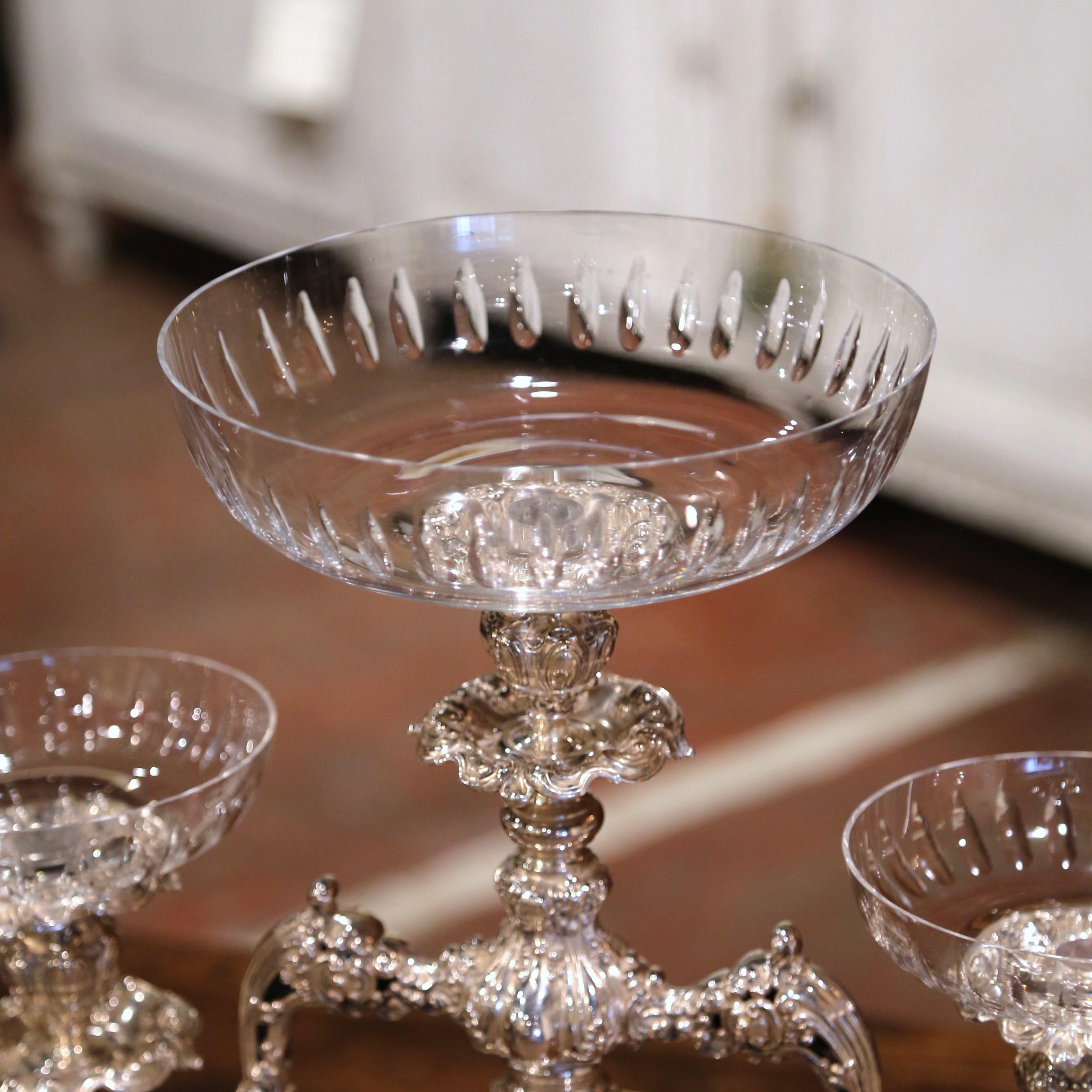Mid-Century English Silvered over Copper and Cut Crystal Epergne For Sale 5