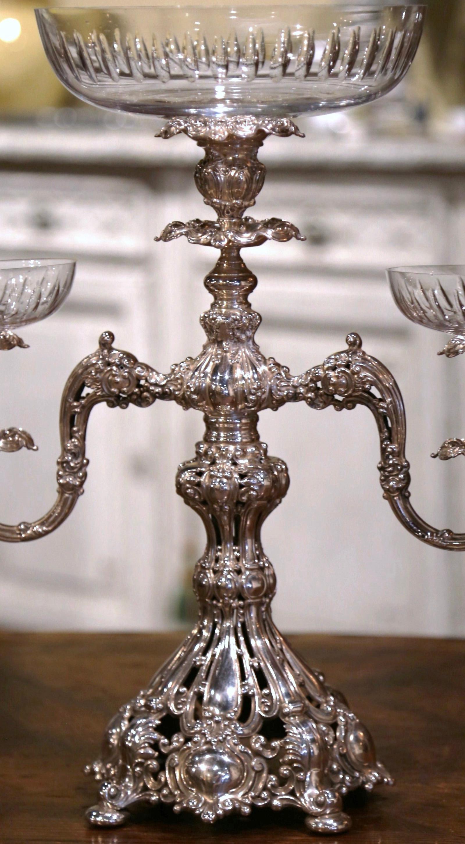 Hand-Crafted Mid-Century English Silvered over Copper and Cut Crystal Epergne For Sale