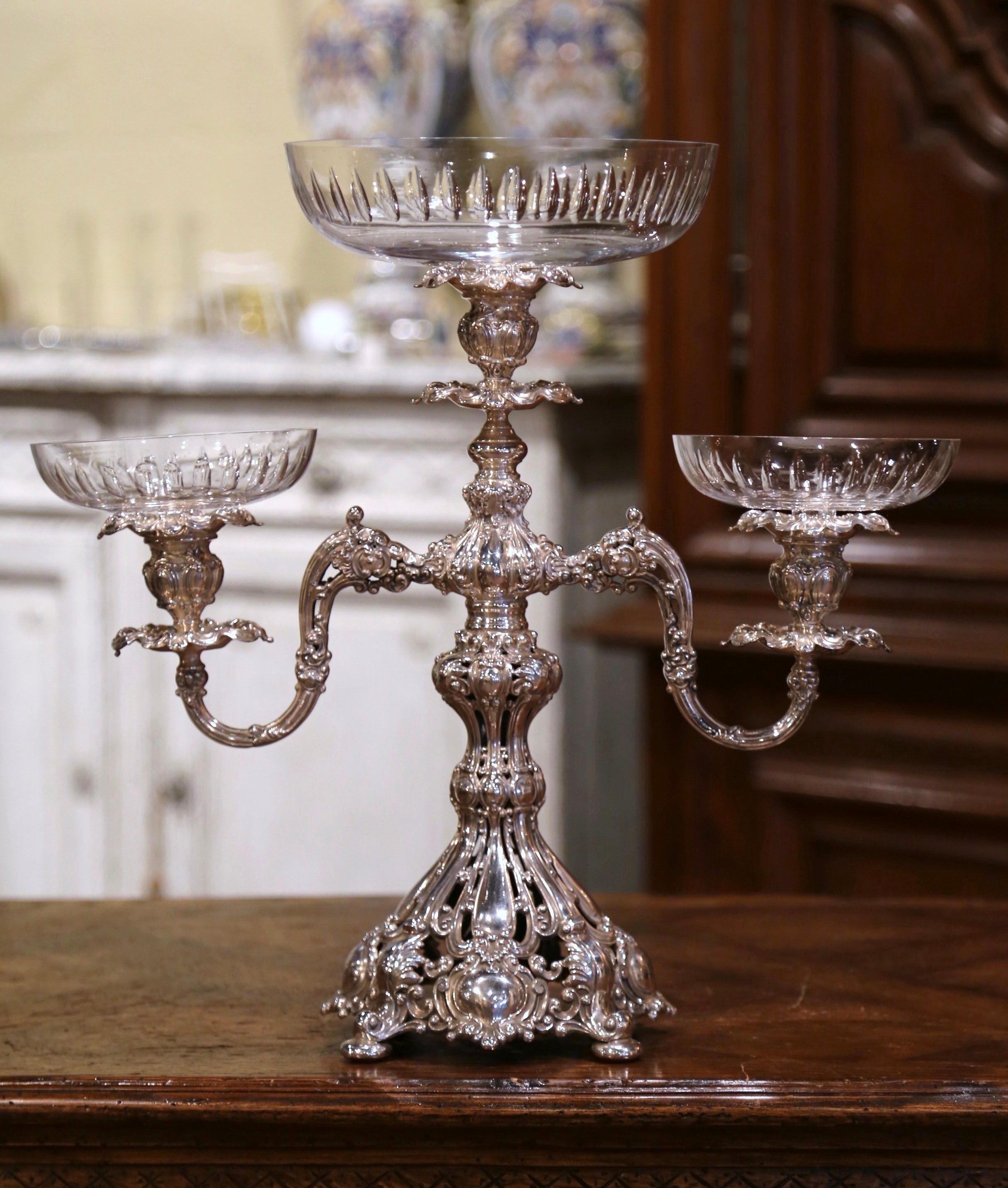 Mid-Century English Silvered over Copper and Cut Crystal Epergne In Fair Condition For Sale In Dallas, TX