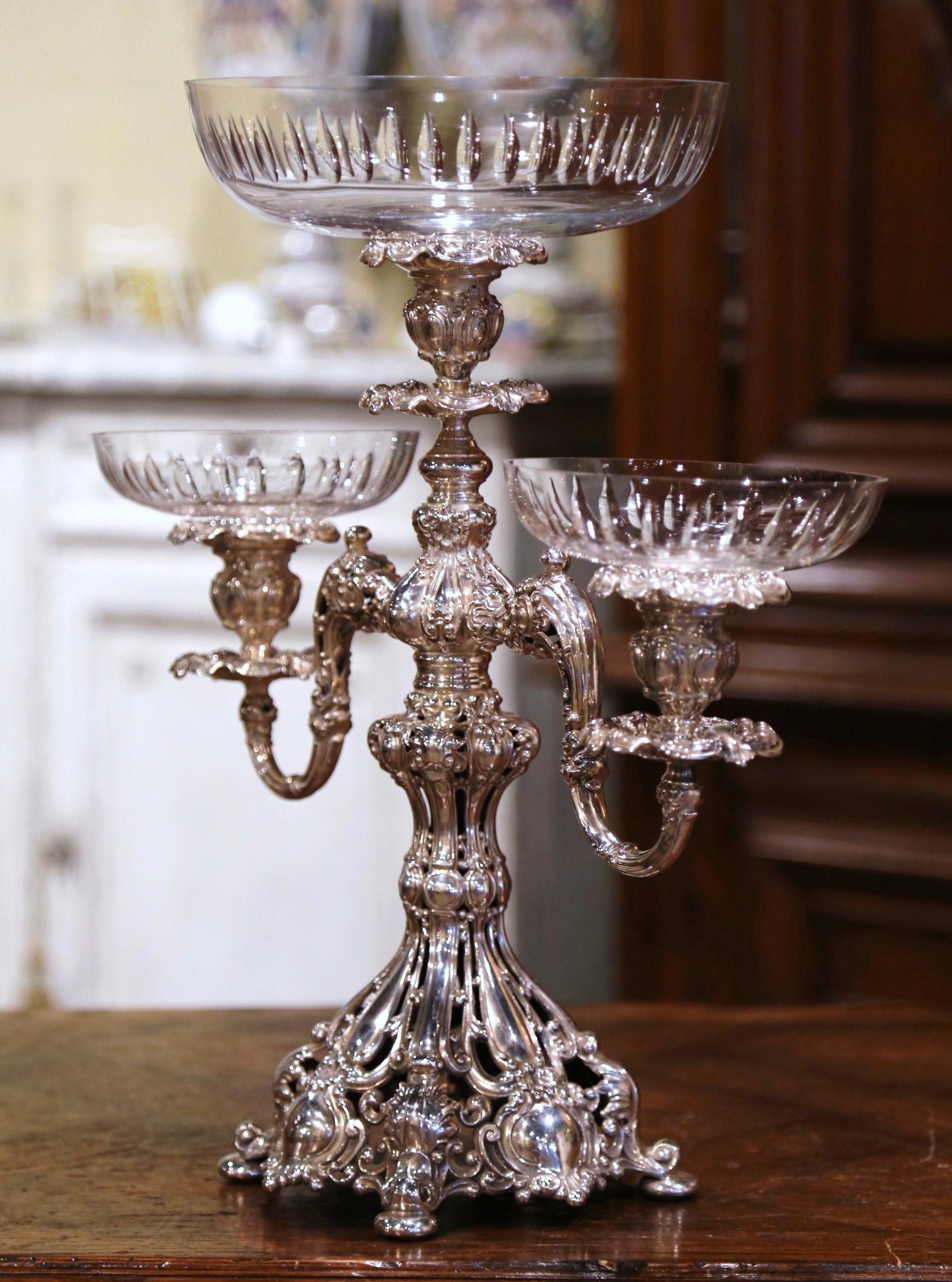 Mid-Century English Silvered over Copper and Cut Crystal Epergne For Sale 1