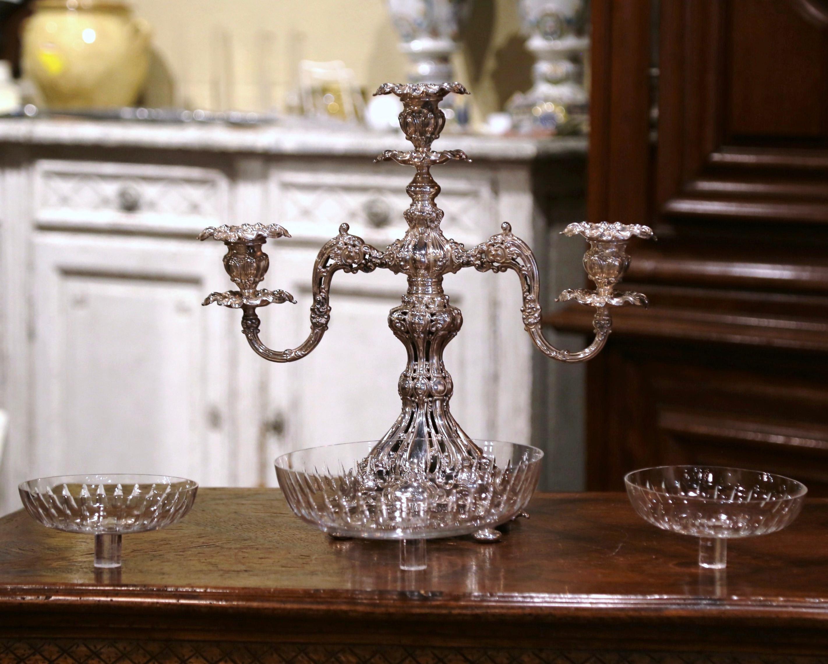 Mid-Century English Silvered over Copper and Cut Crystal Epergne For Sale 3