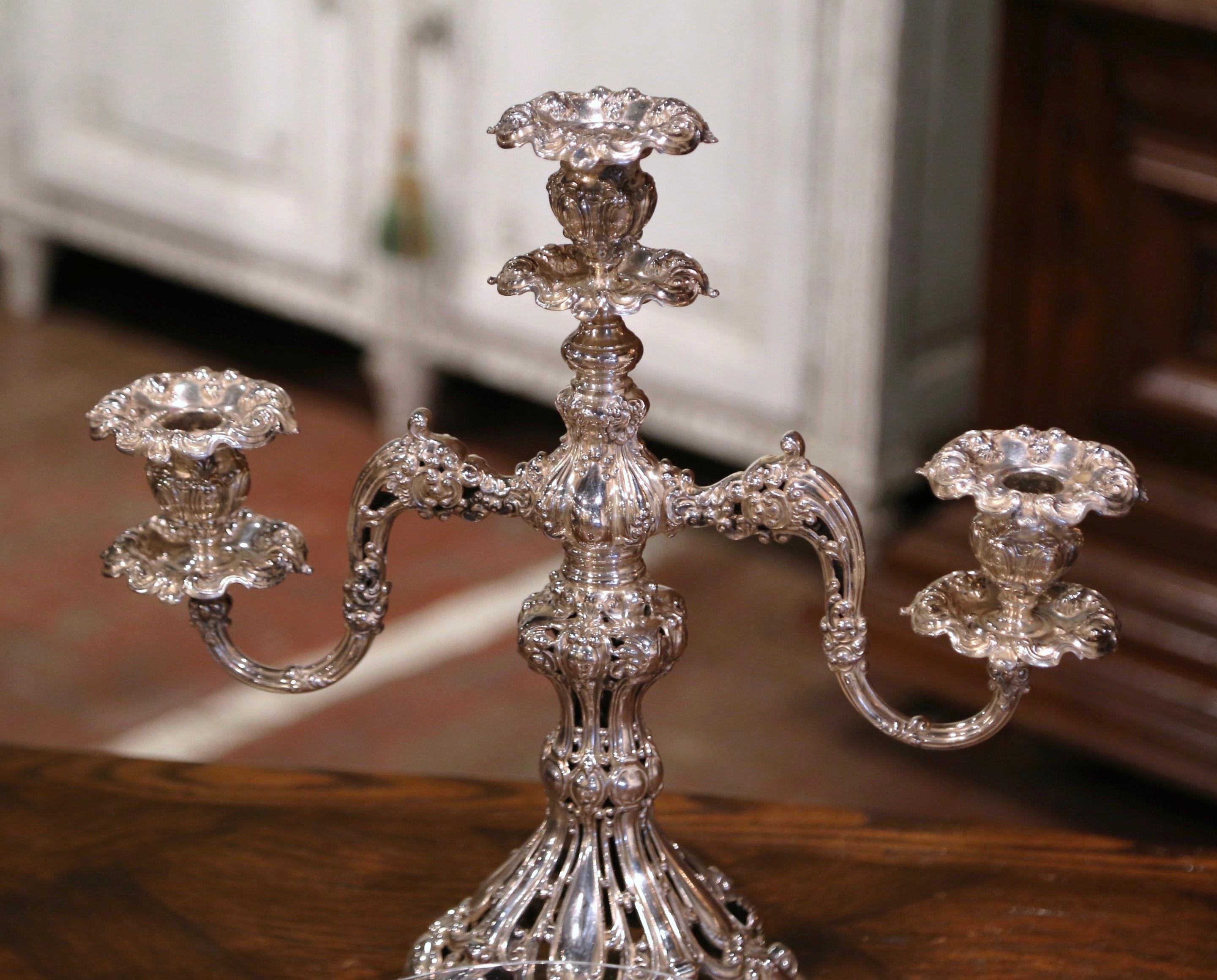 Mid-Century English Silvered over Copper and Cut Crystal Epergne For Sale 4