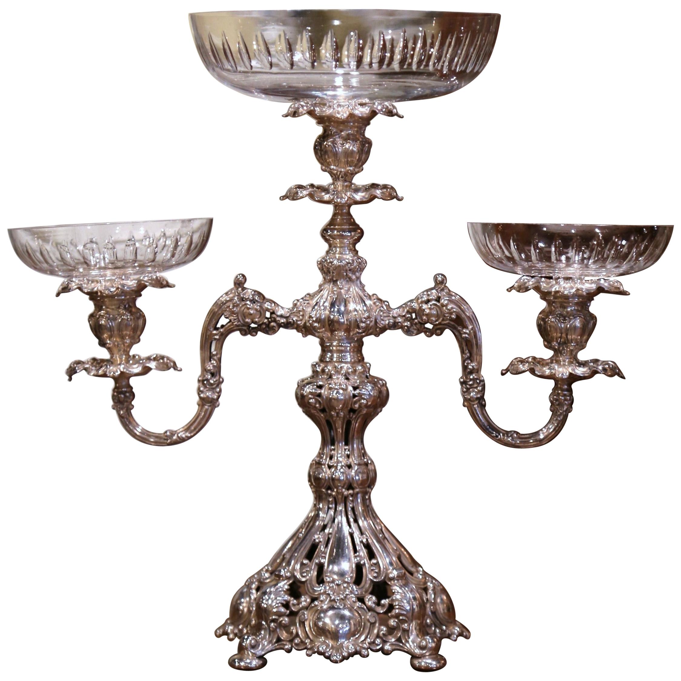 Mid-Century English Silvered over Copper and Cut Crystal Epergne